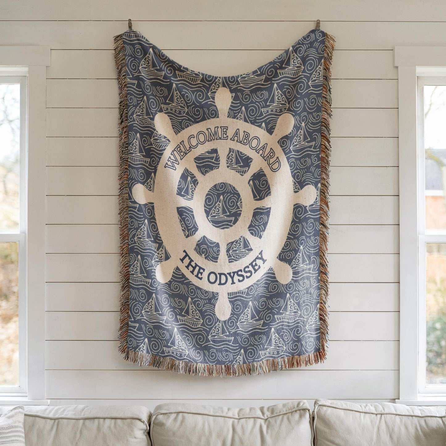 Nautical Woven Blanket – Custom Boat Name Cotton Throw | Coastal Home Decor - timelessbohochic.com