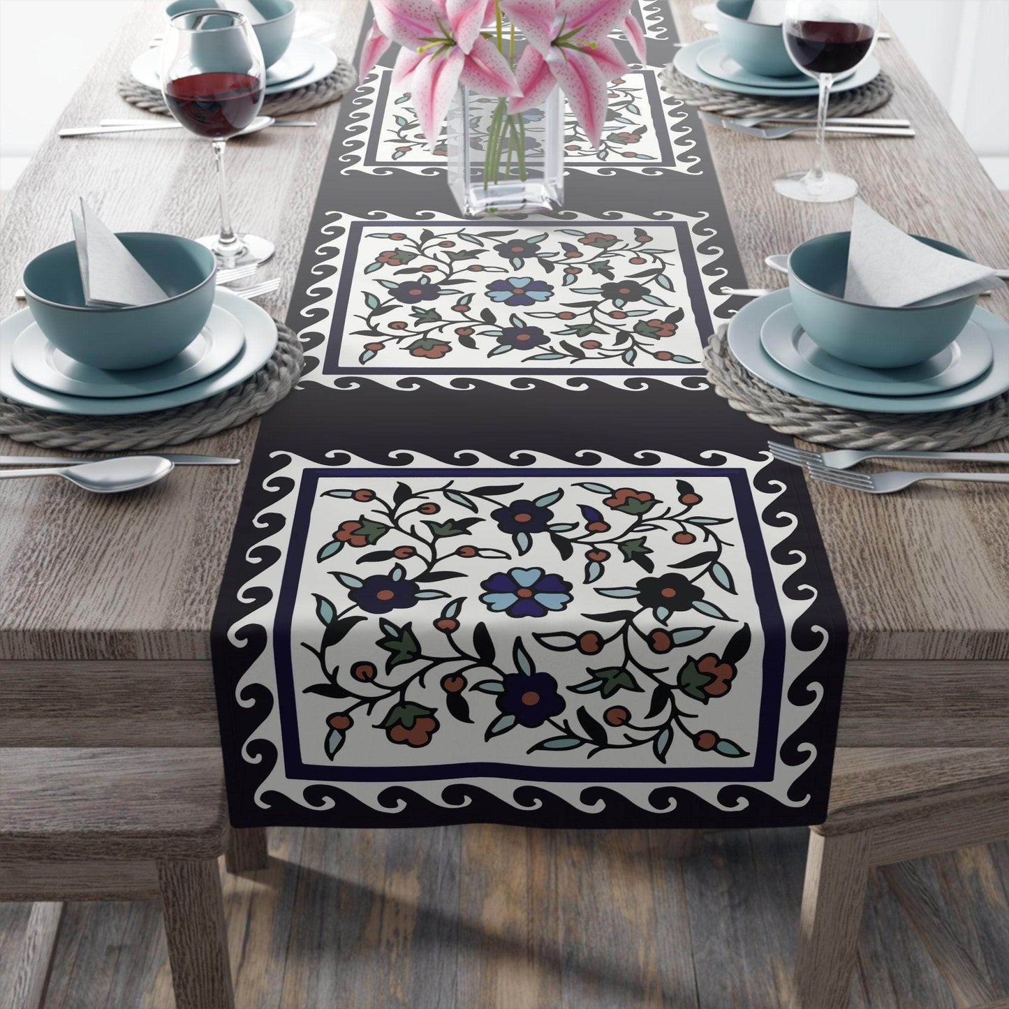 Armenian Iznik Table Runner – Handmade Floral Boho Table Decor Accent - timelessbohochic.com