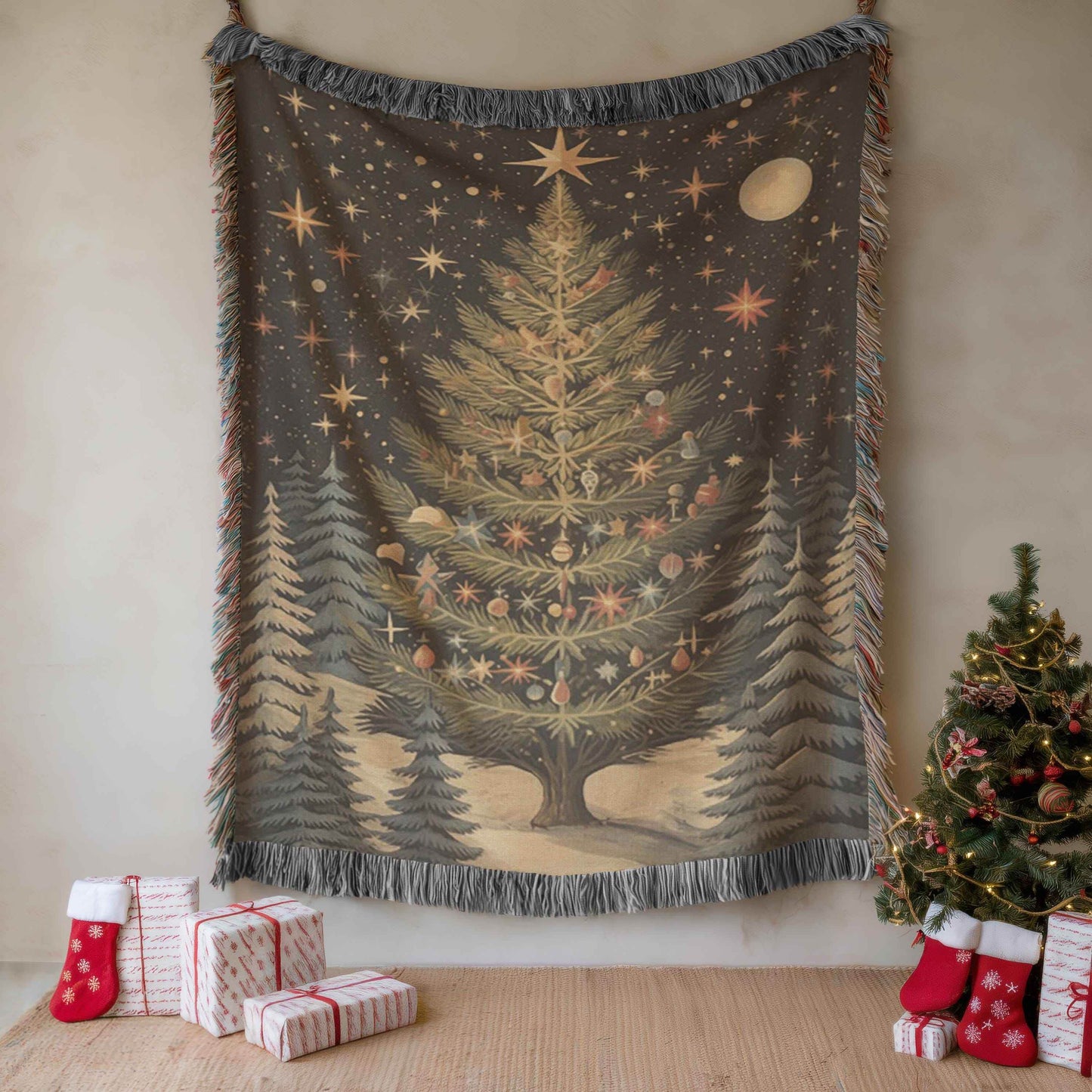 Christmas Tree Blanket - Cozy Woven Cotton Throw With Festive Fringed Edges - timelessbohochic.com