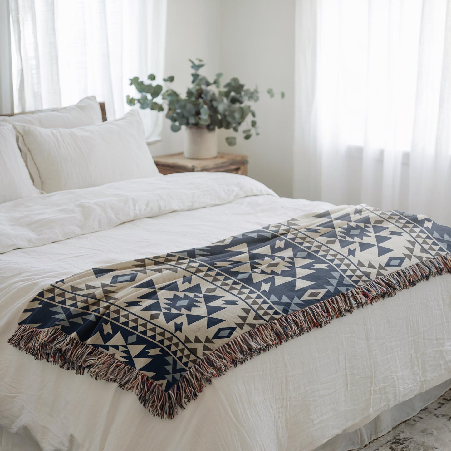 Native American Blanket – Tribal Pattern Cotton Throw With Colorful Fringed Edges