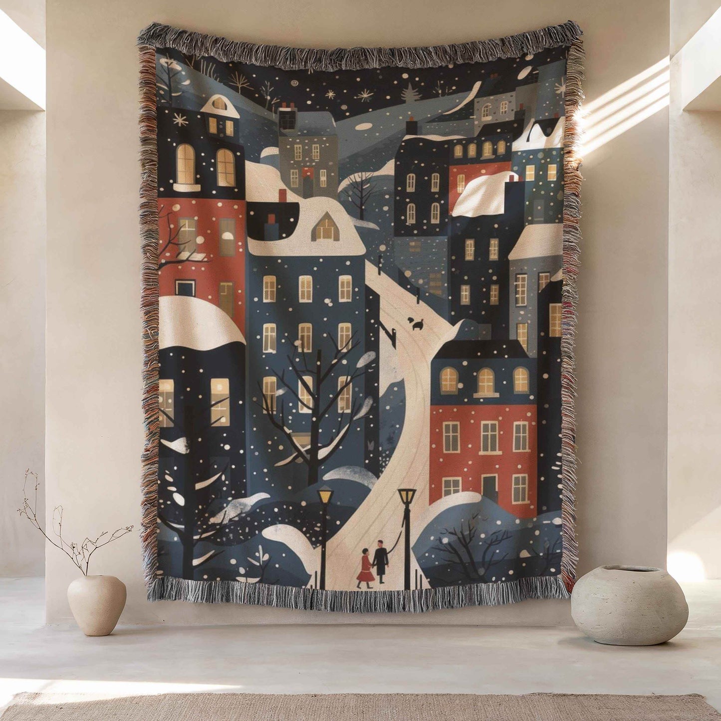 Winter Folk Art Tapestry – Christmas Village Wall Hanging | Cotton Holiday Decor - timelessbohochic.com