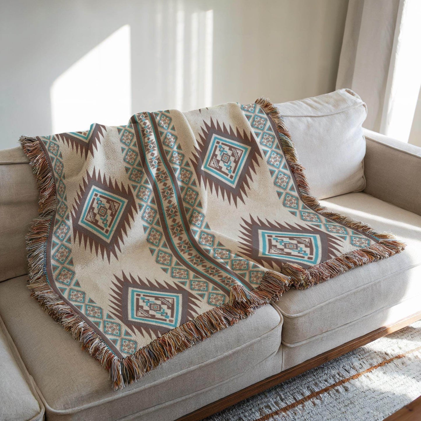Native American Woven Blanket - Cozy Cotton Throw With Colorful Fringed Edges - timelessbohochic.com