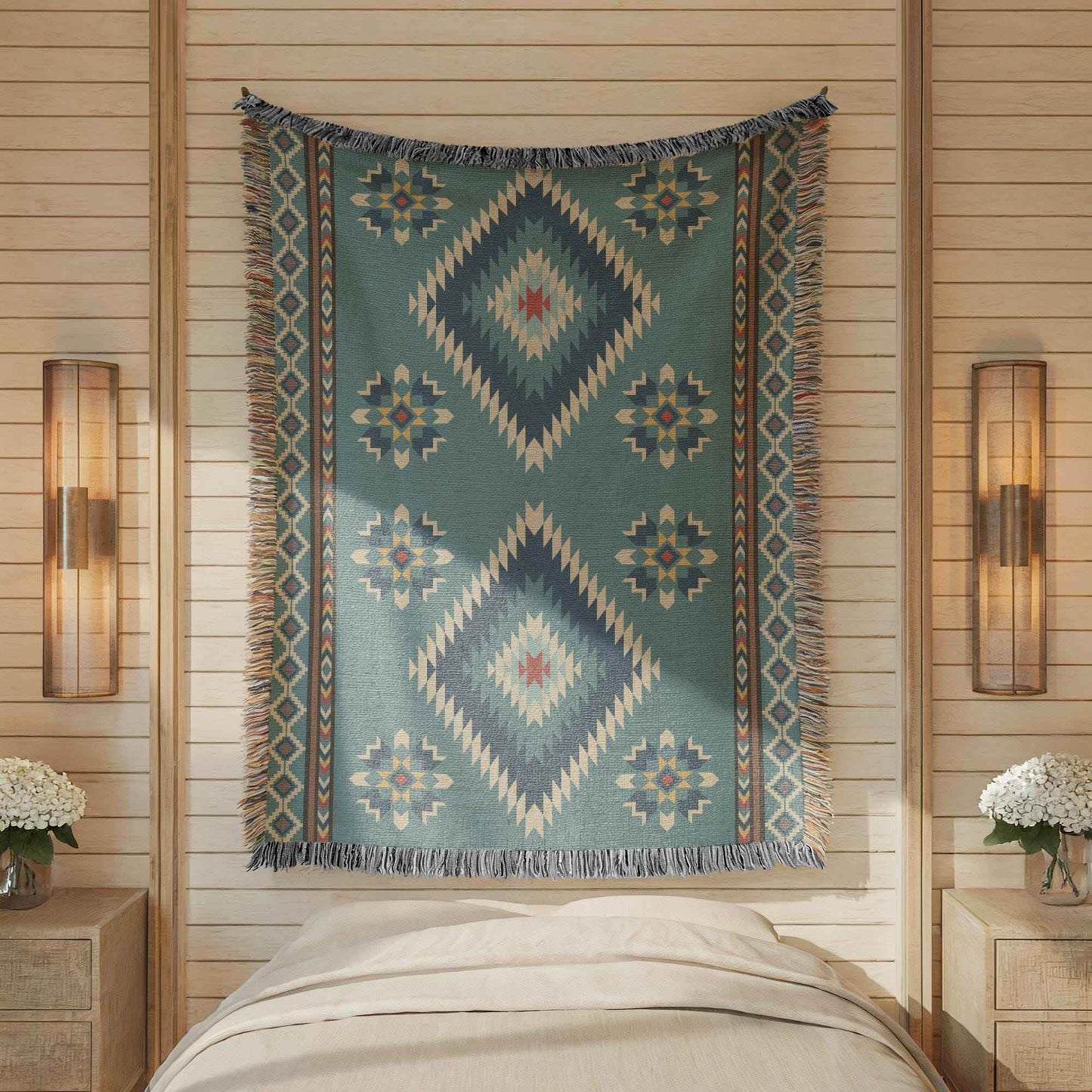 Boho Cotton Blanket - Navajo Pattern Throw With Colorful Fringed Edges - timelessbohochic.com