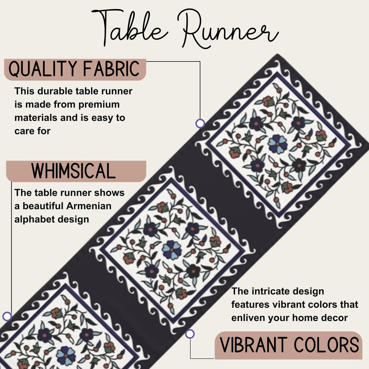 Armenian Iznik Table Runner – Handmade Floral Boho Table Decor Accent