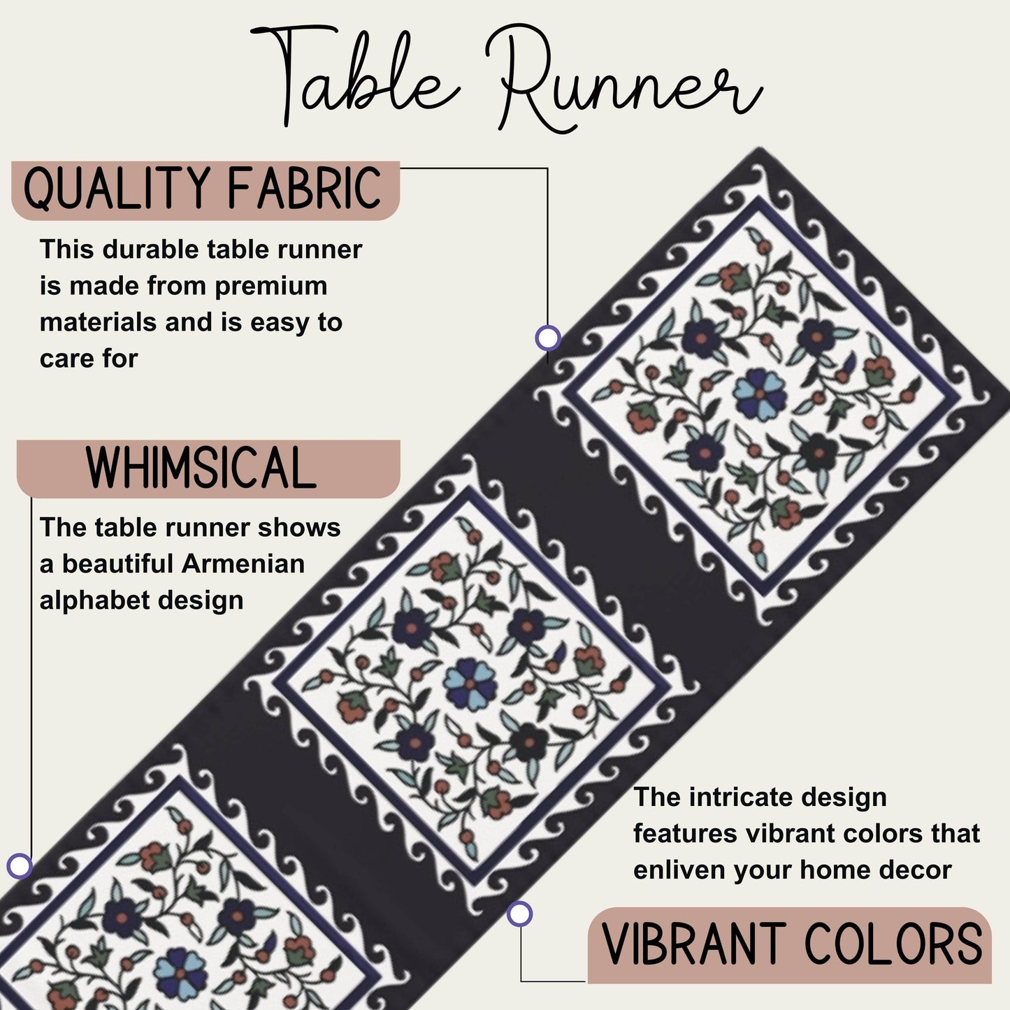 Armenian Iznik Table Runner – Handmade Floral Boho Table Decor Accent - timelessbohochic.com