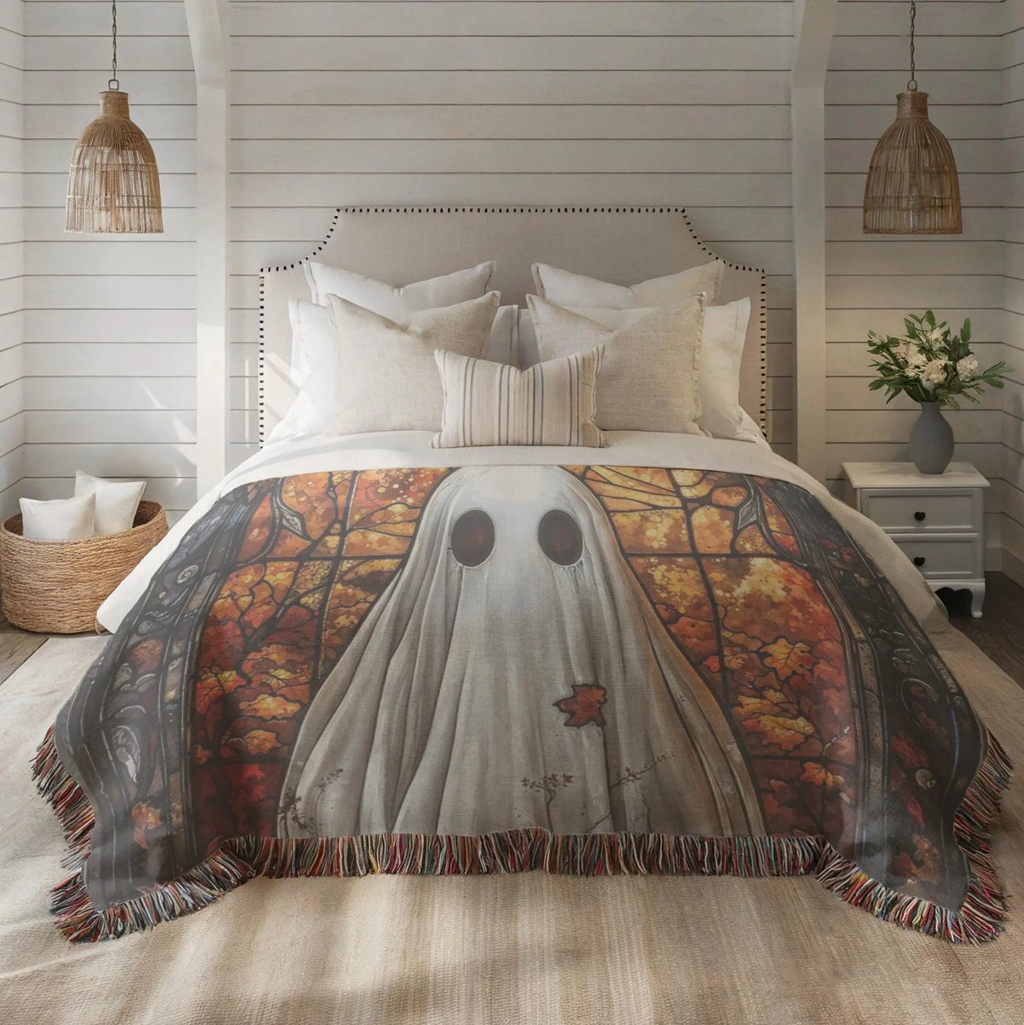 Halloween Blanket Throw – Ghost Pumpkin Design | Cozy Cotton Woven Blanket