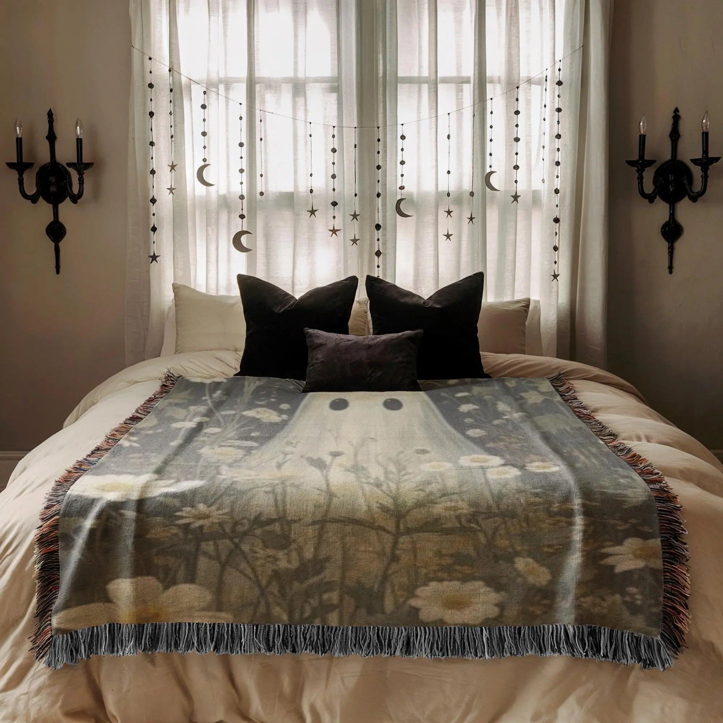 Halloween Woven Blanket - Cozy Throw With Cute Ghost Design & Floral Wildflowers