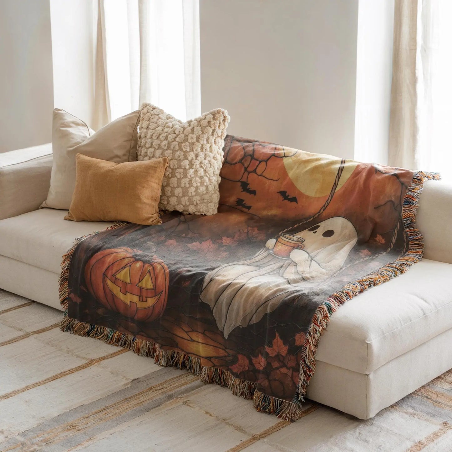 Moon Ghost Blanket - Cozy Halloween Throw Blanket With Pumpkin & Bat Design