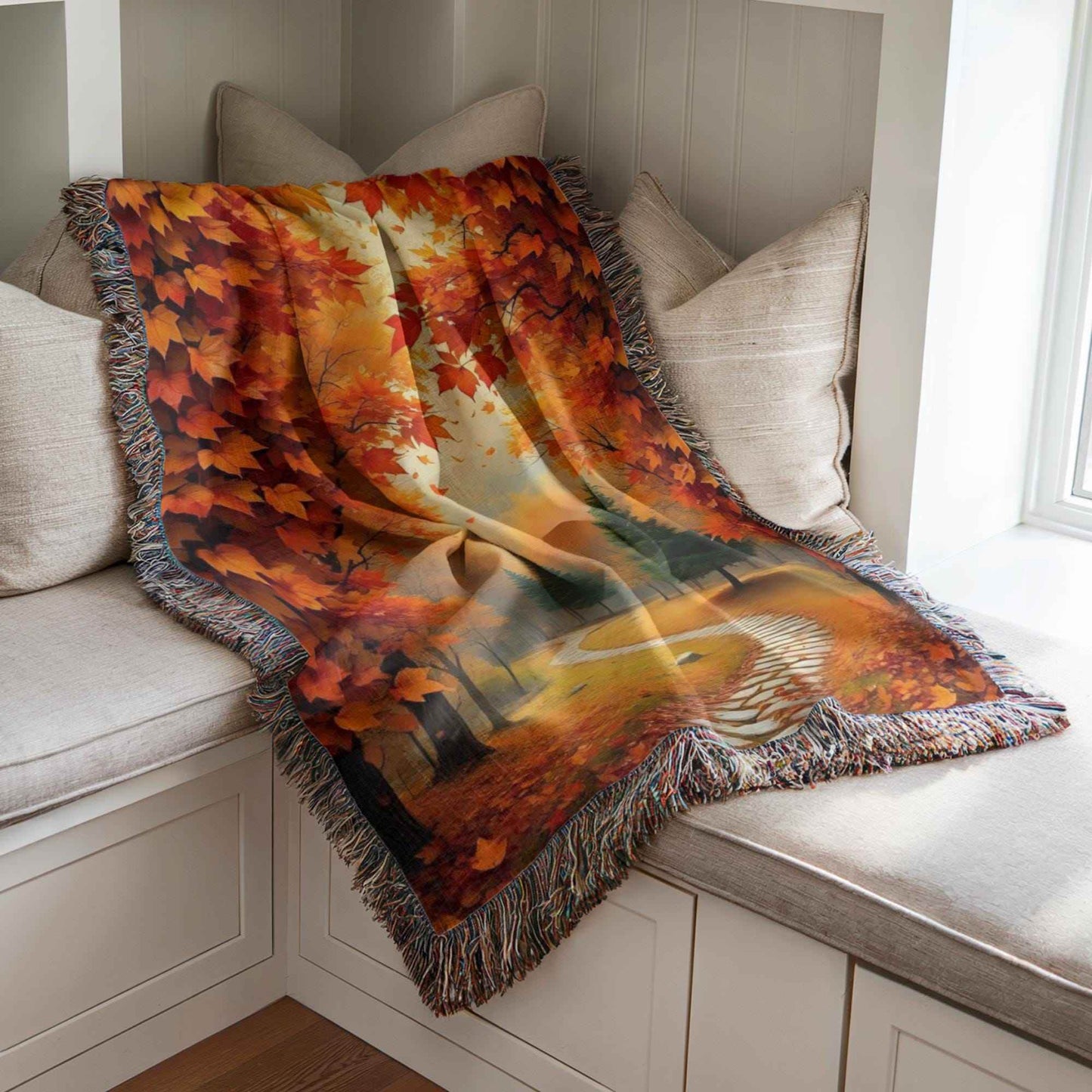 Cotton Throw Blanket – Cozy Fall Blanket with Autumn Leaves Pattern & Fringed Edges - timelessbohochic.com