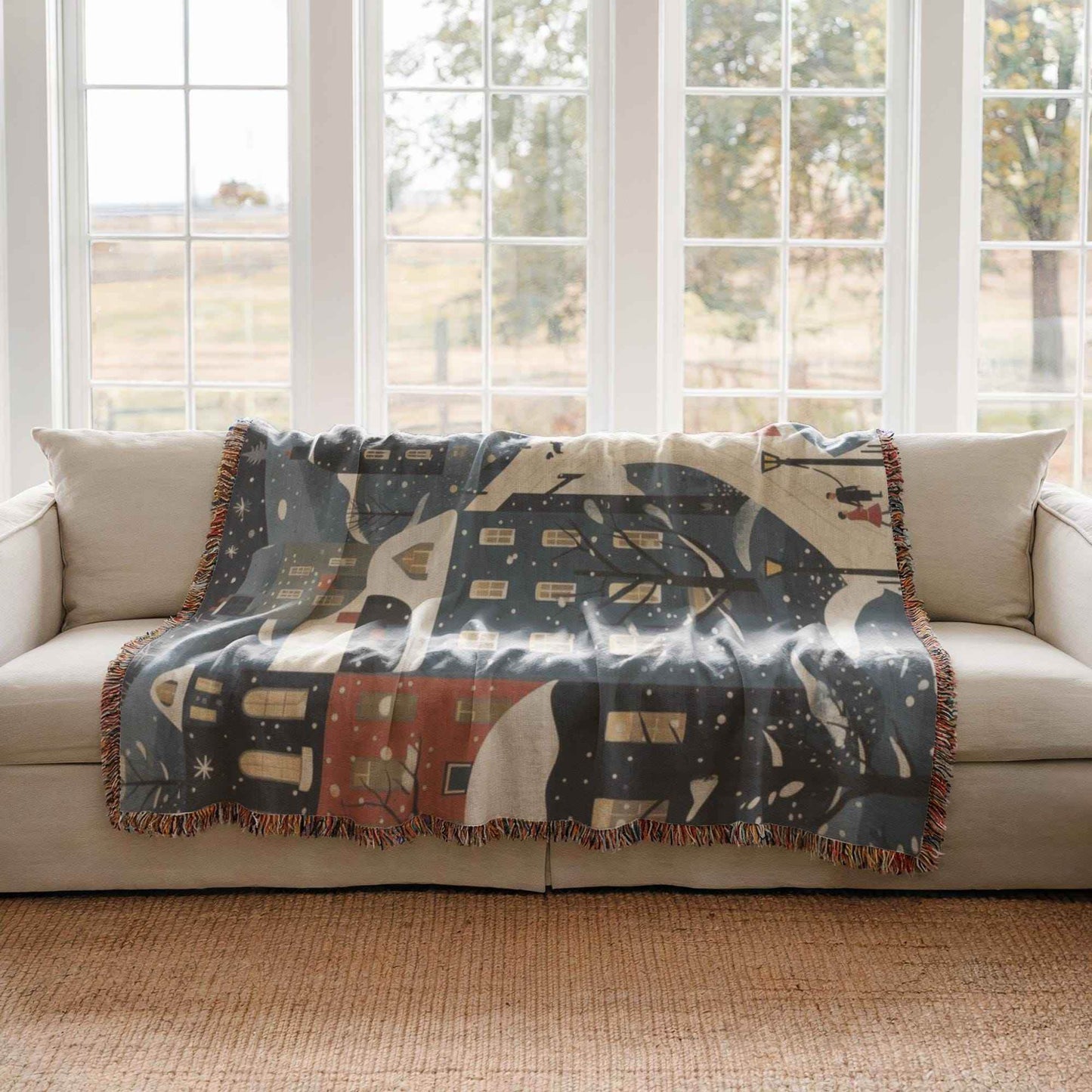 Christmas Village Throw Blanket - Cozy Cotton Holiday Throw With Fringed Edge - timelessbohochic.com