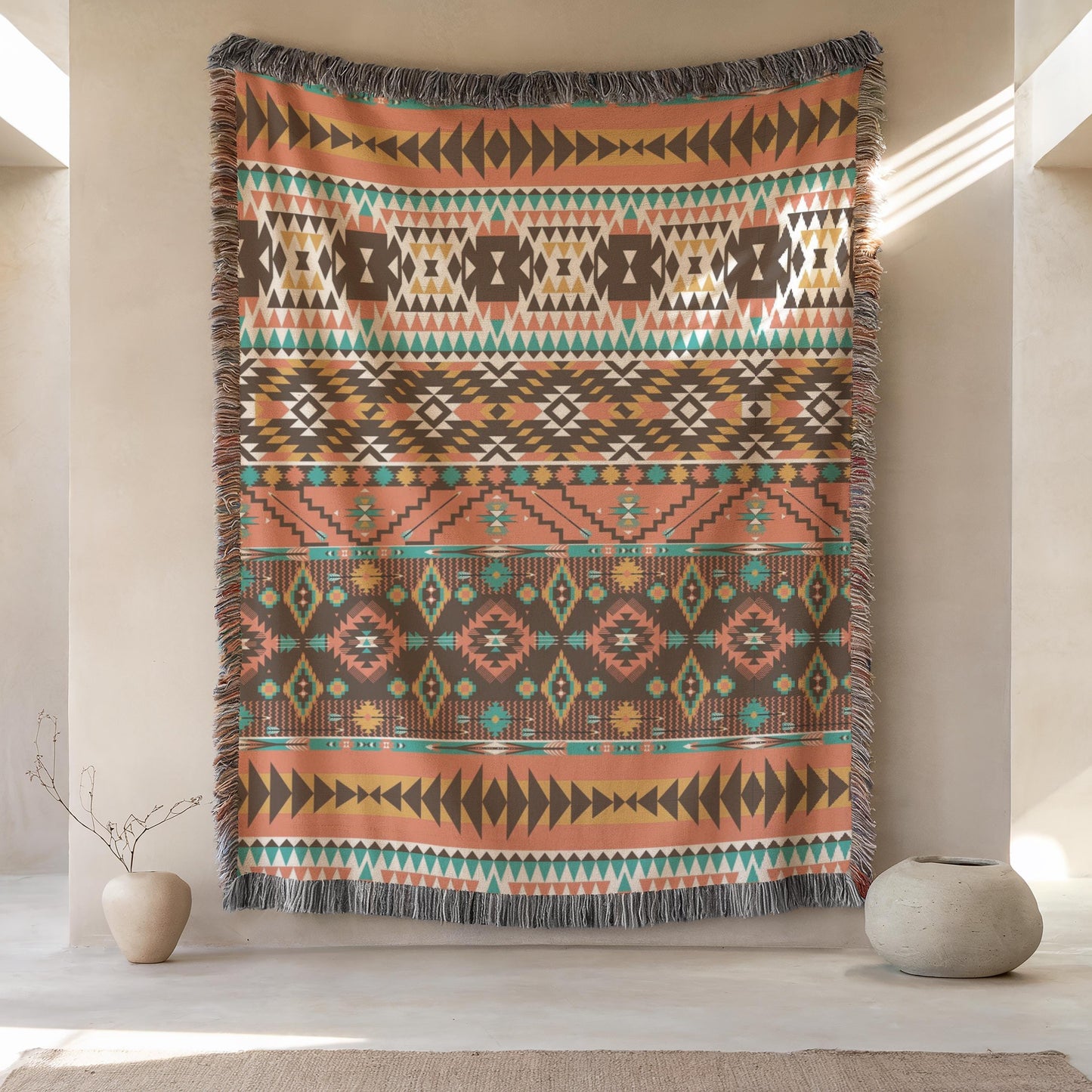 a large, colorful, patterned rug hanging on a wall, with a beige wall and a small vase on either side.