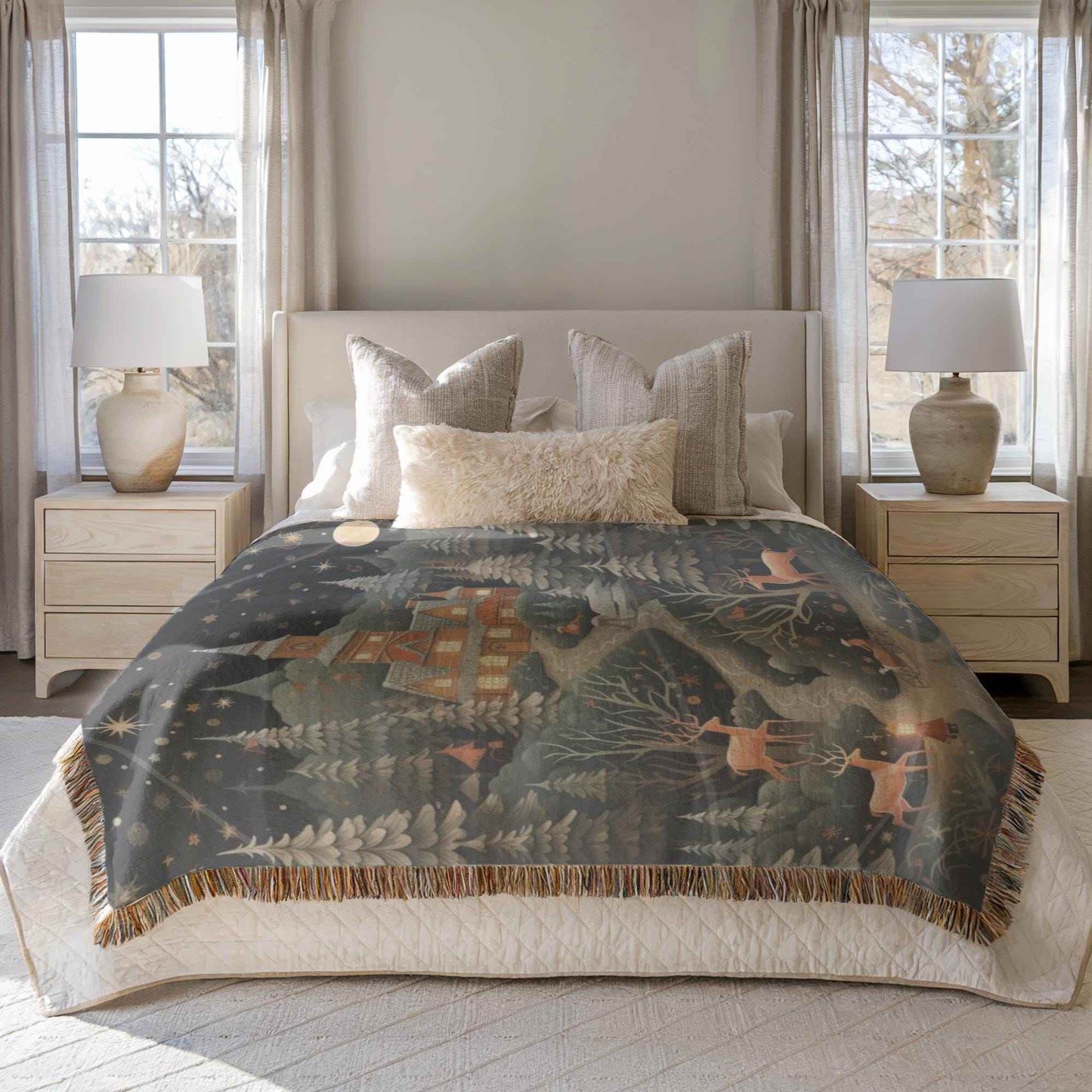 Christmas Bedroom Blanket - Festive Winter Throw with Reindeer & Trees | Soft Cotton Woven - timelessbohochic.com