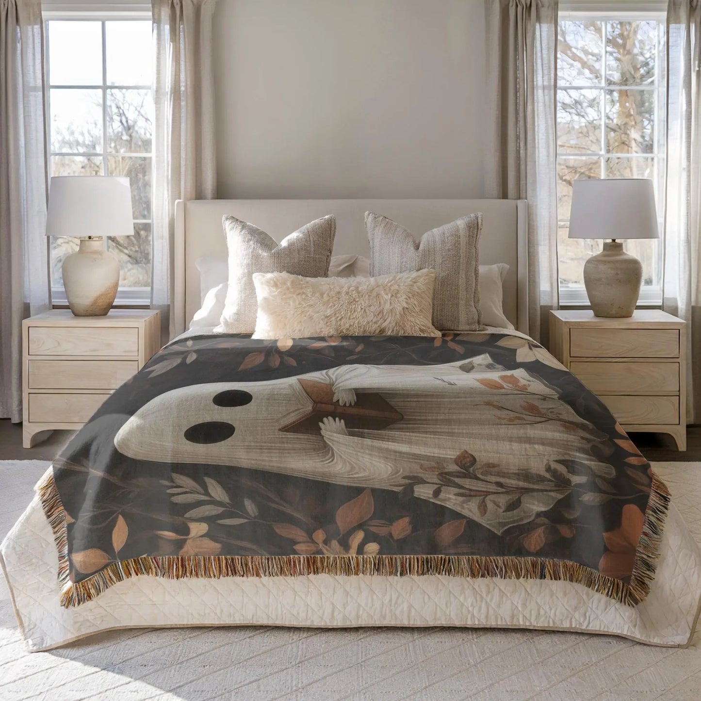 Cute Ghost Blanket – Cozy Fall Throw with Reading Ghost Decor | Cotton Fabric, Fringed Edge