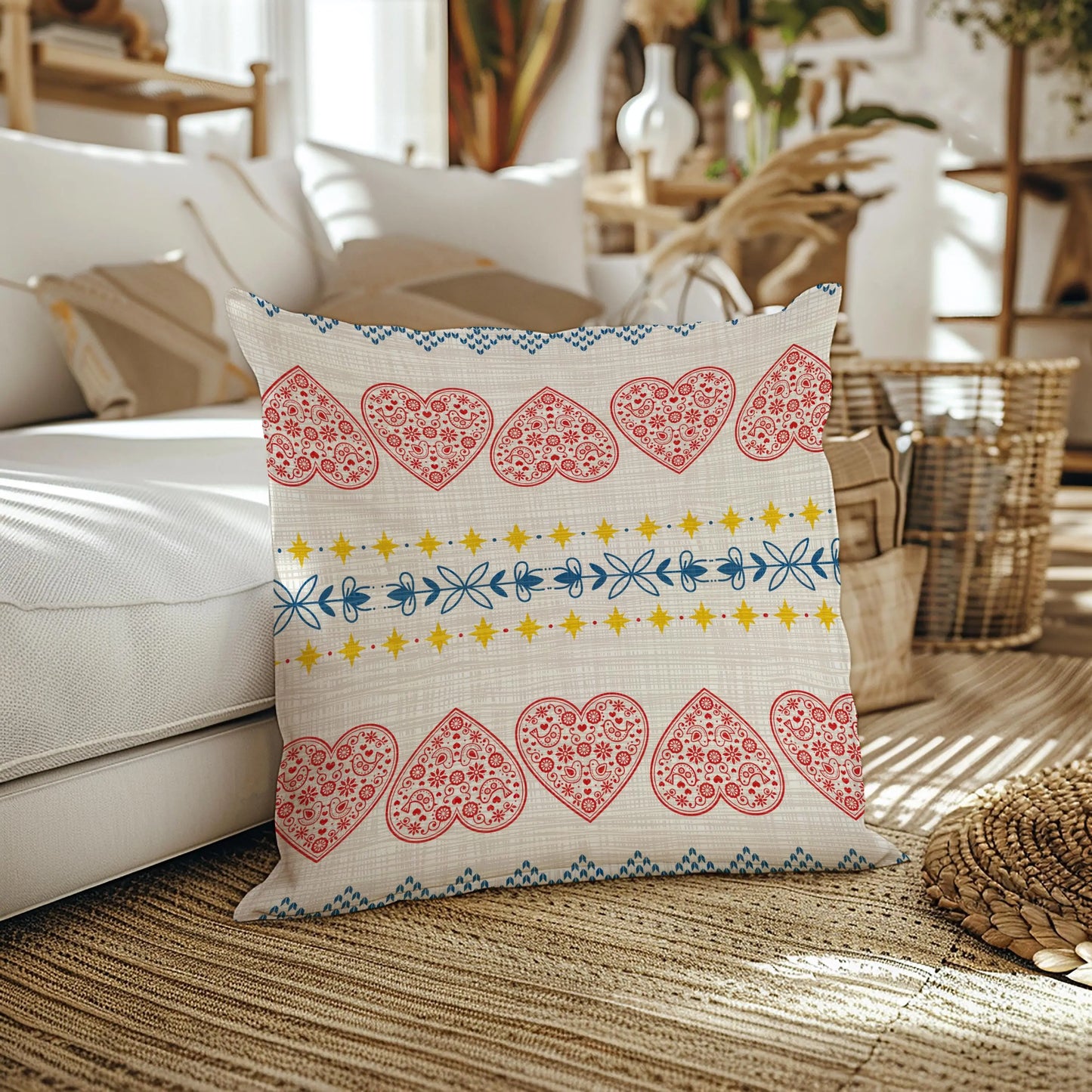 Scandi Woven Pillow – Nordic Decorative Cushion With Red Hearts & Yellow Stars