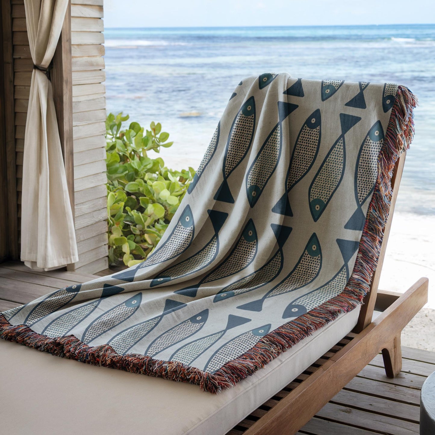 Coastal Woven Blanket – Nautical Beach Throw With Fish Pattern & Fringed Edges