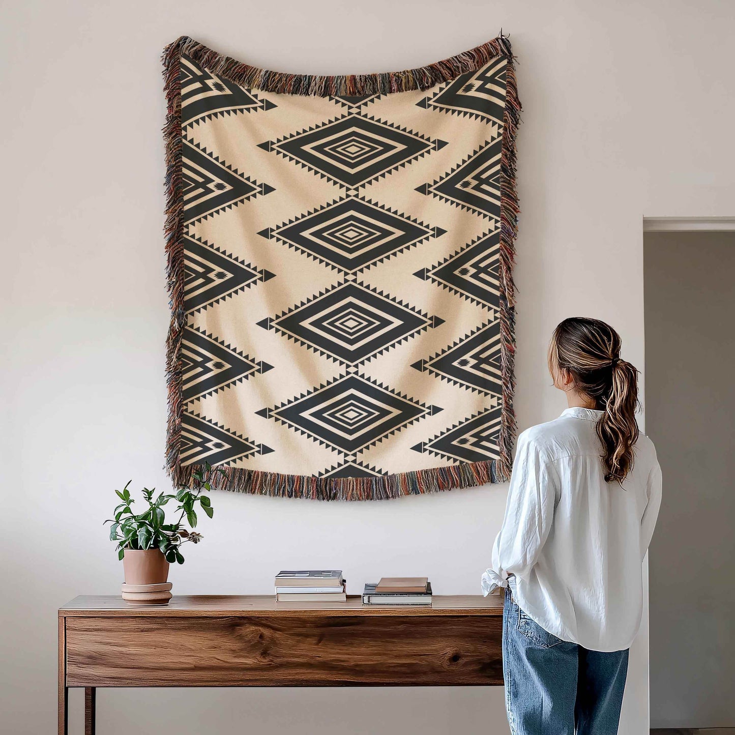 Cotton Southwestern Throw Blanket with Tribal Pattern and Fringed Edges - timelessbohochic.com