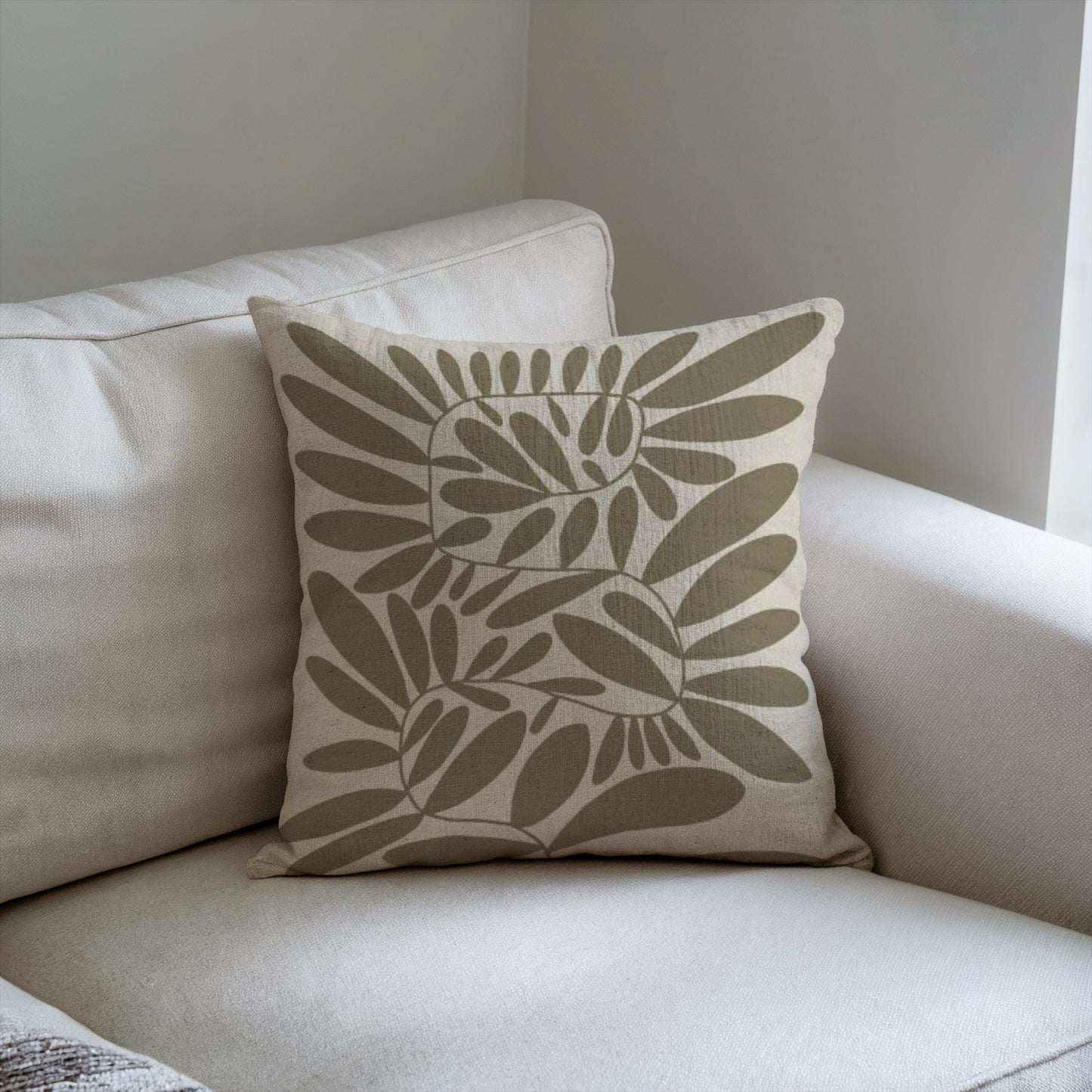 Woven Pillow - Mid Century Cushion with Scandi Leaves Pattern | Durable Cotton Blend