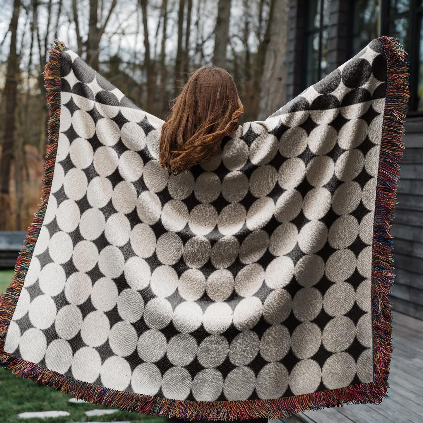 Geometric Cotton Blanket – Modern Black White Circle Throw | Cozy Woven Fabric
