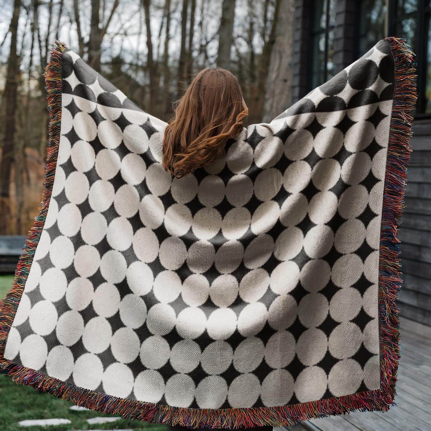 Geometric Cotton Blanket – Modern Black White Circle Throw | Cozy Woven Fabric - timelessbohochic.com