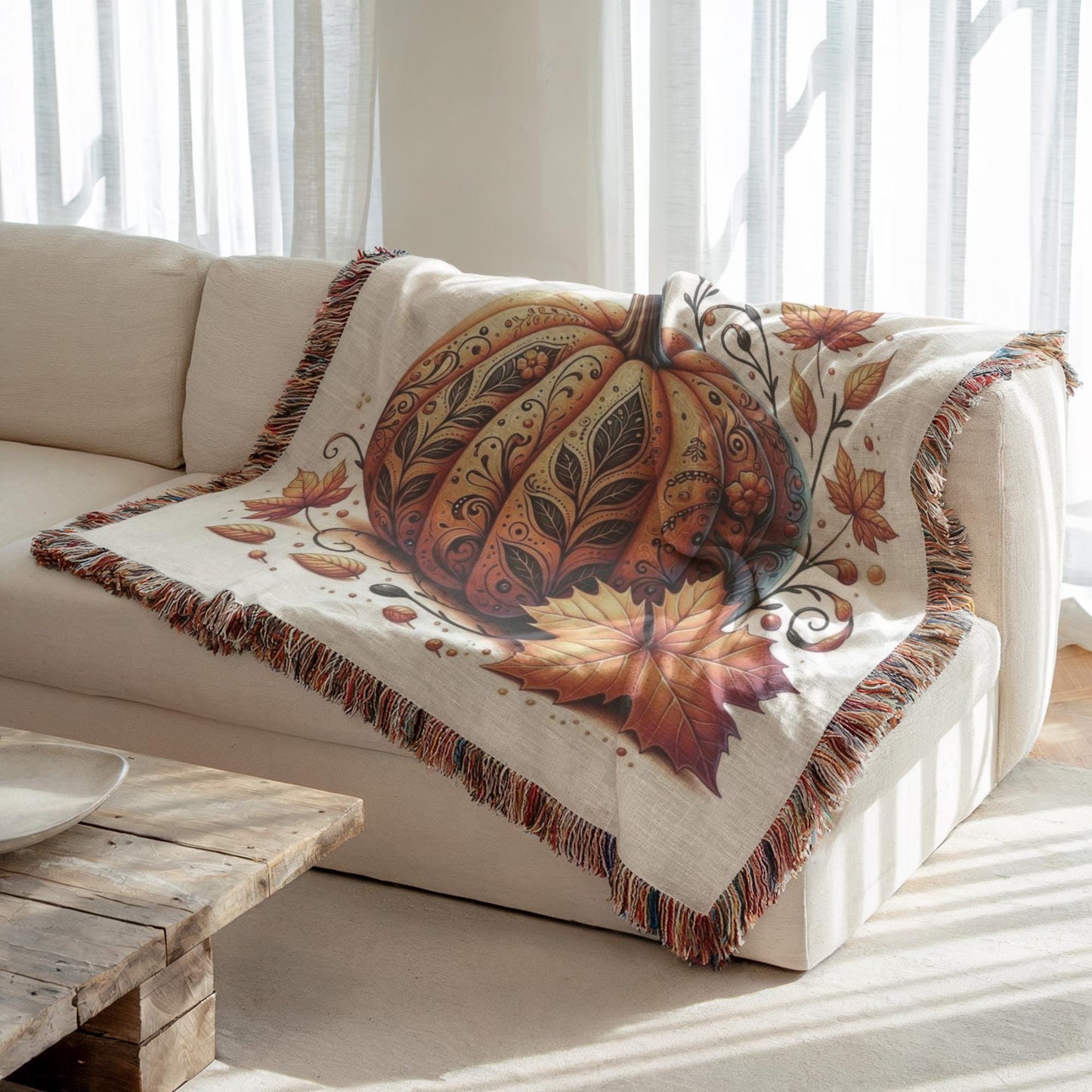 Thanksgiving Woven Blanket – Cozy Throw Blanket with Tattooed Pumpkin Design, Fringed Edge