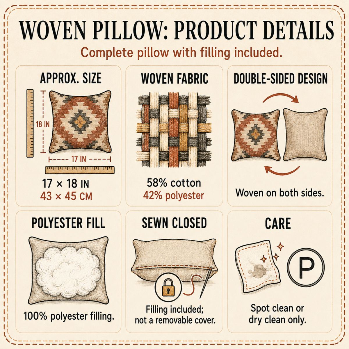 Woven pillow details: 17 x 18 in, 58% cotton 42% polyester, woven both sides, polyester fill, sewn closed, spot or dry clean