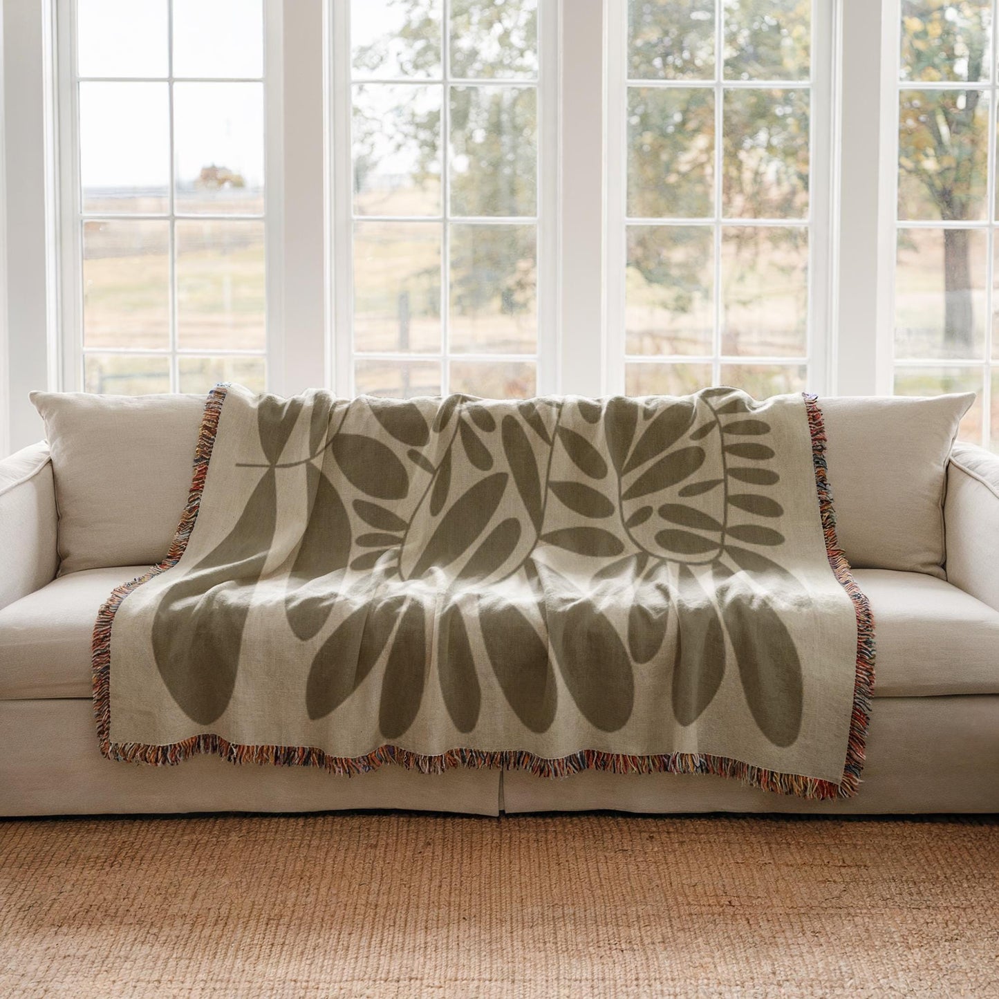 Mid-Century Scandi Blanket – Woven Cotton Throw with Colorful Fringed Edges