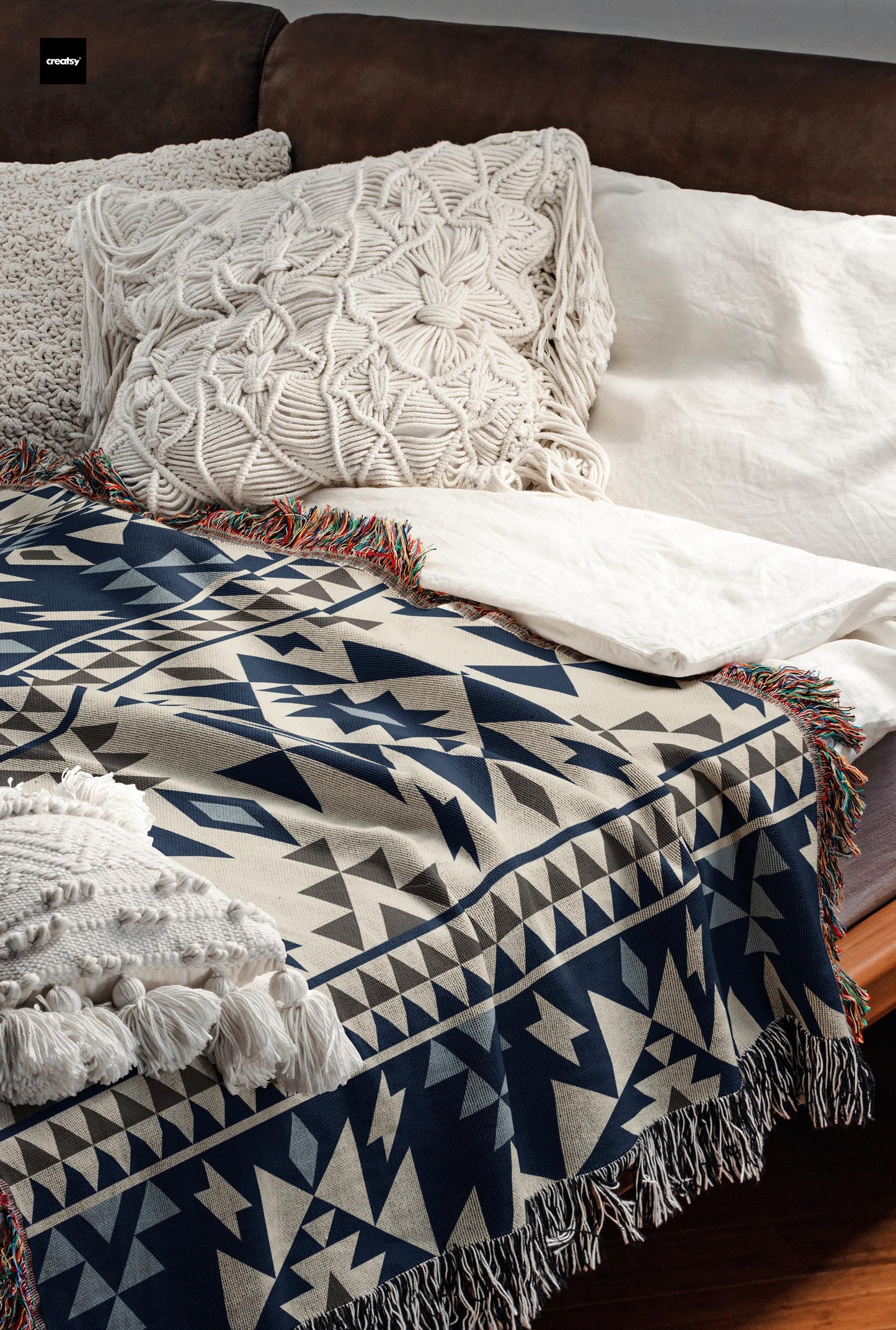 Native American Blanket – Tribal Pattern Cotton Throw With Colorful Fringed Edges