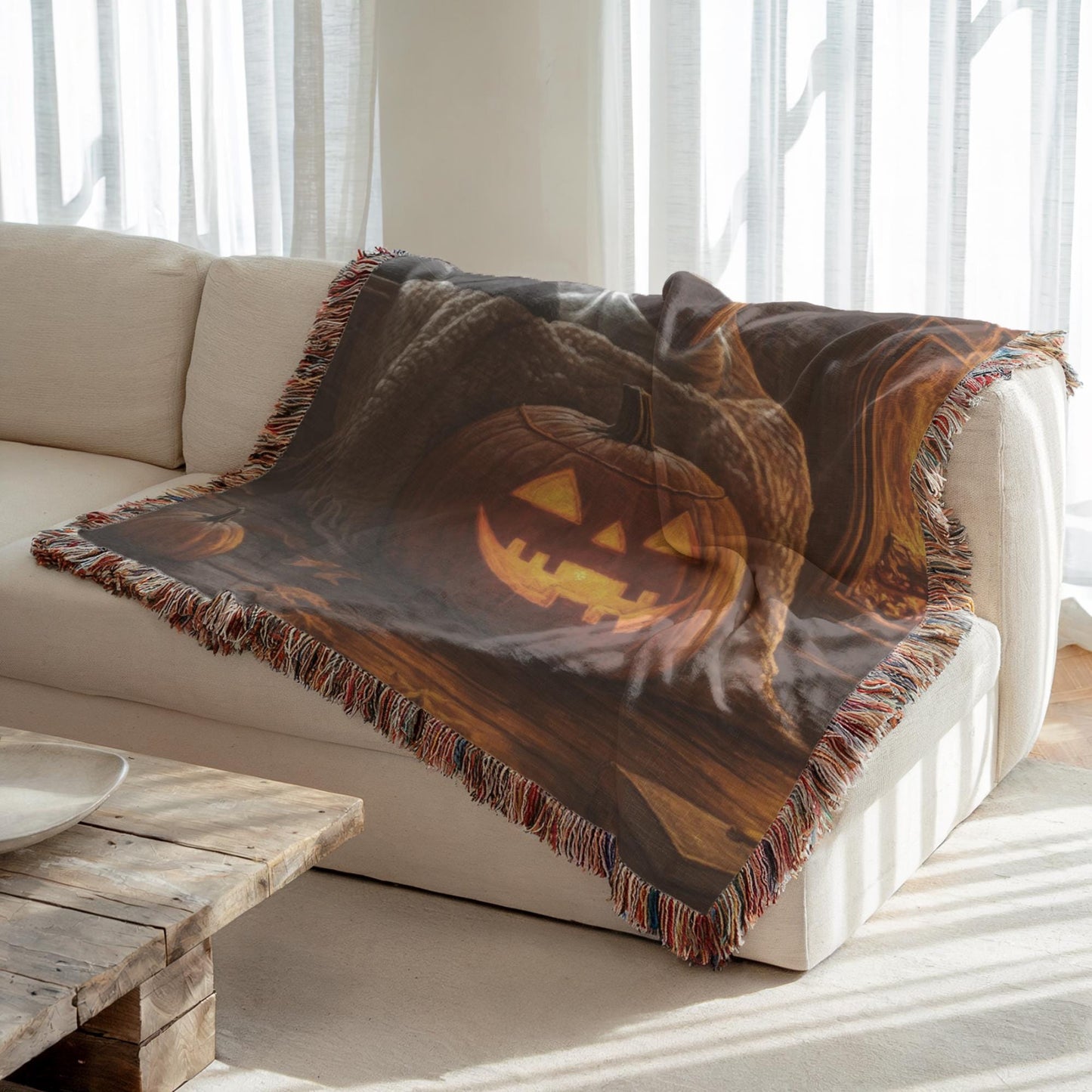 Halloween Living-Room Blanket – Cozy Fall Cotton Woven Throw with Black Cat Tapestry