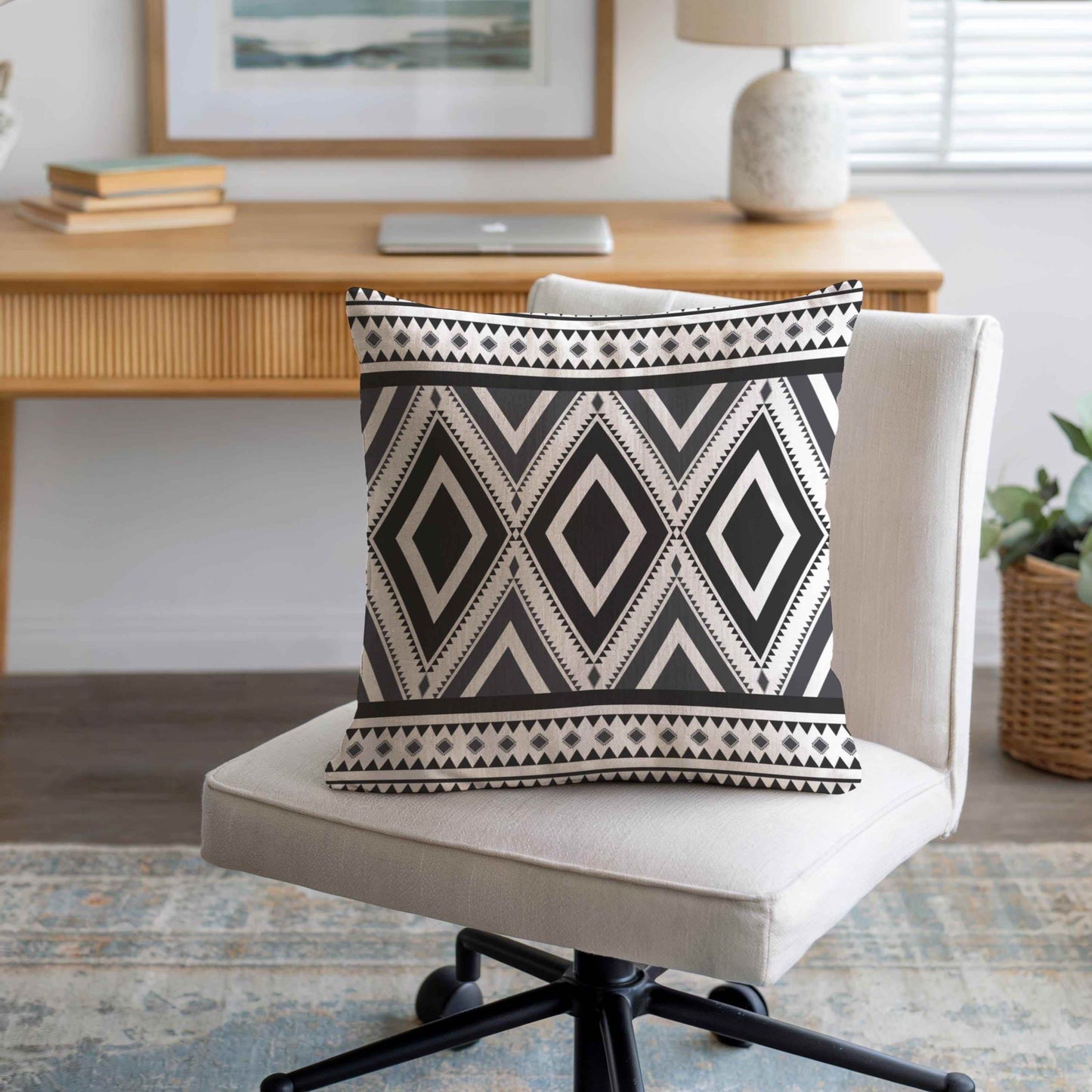 Rustic Ikat Pillow - Woven Cotton Throw Cushion With Geometric Design & Fringed Edge - timelessbohochic.com