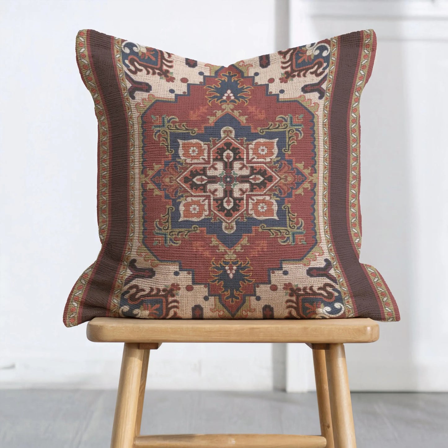 Persian Rug Pillow – Woven Decorative Boho Throw Pillow With Rust Blue Beige Pattern