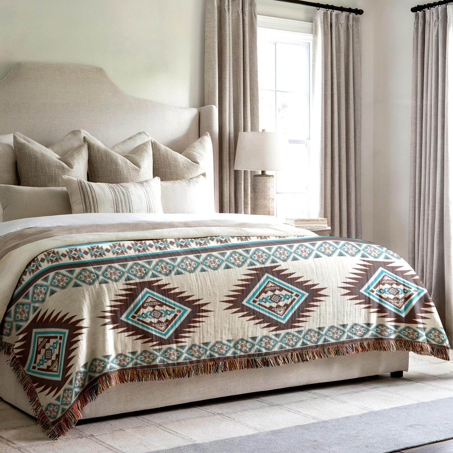 Native American Woven Blanket – Cozy Throw Blanket With Colorful Fringed Edges - timelessbohochic.com