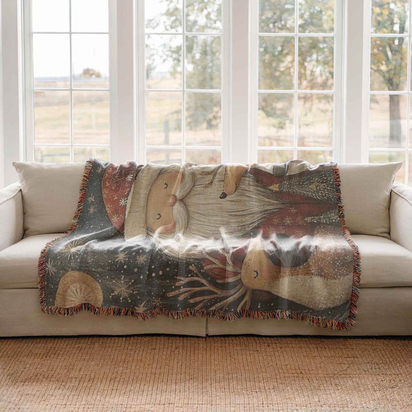 Christmas Woven Blanket – Cozy Cotton Throw with Santa Claus Reindeer Design - timelessbohochic.com