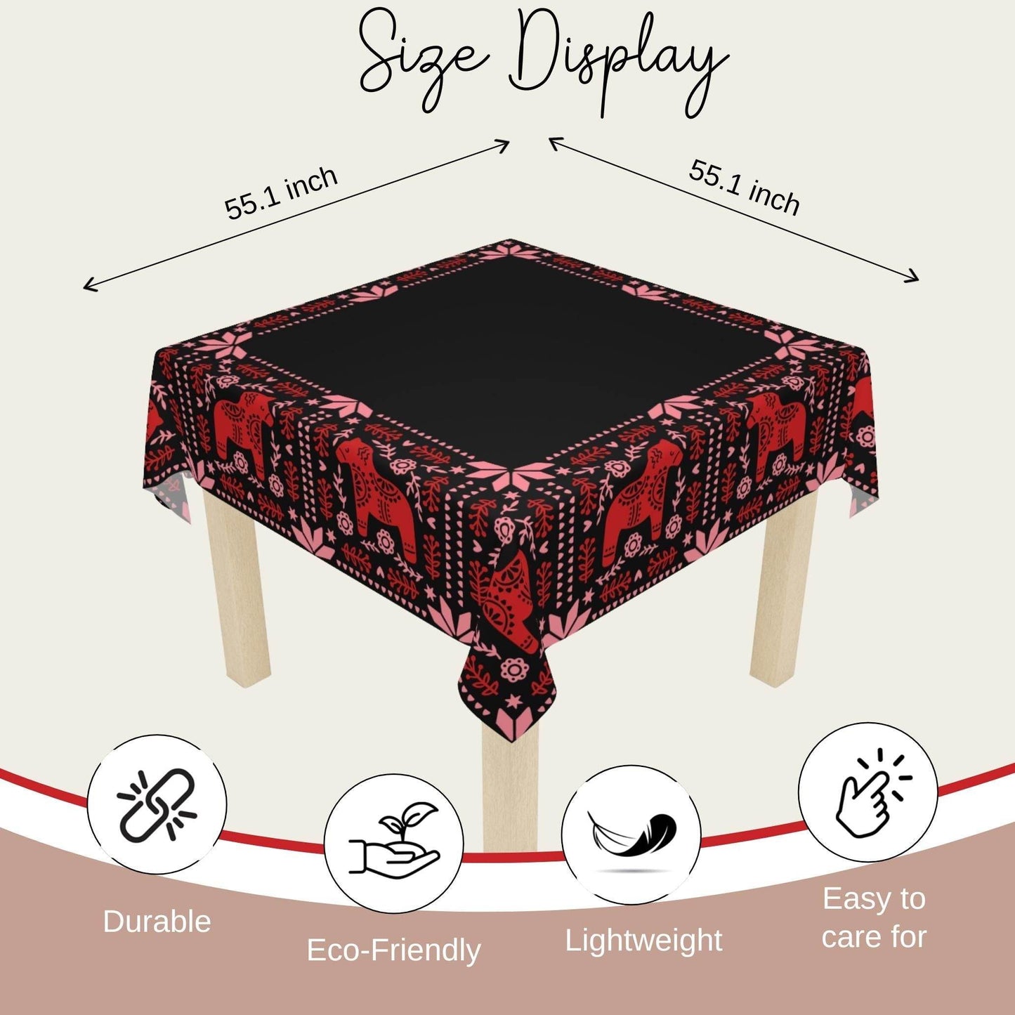 Scandi Dala Horse Tablecloth - Nordic Holiday Table Cover | Cozy Winter Dining Accent - timelessbohochic.com