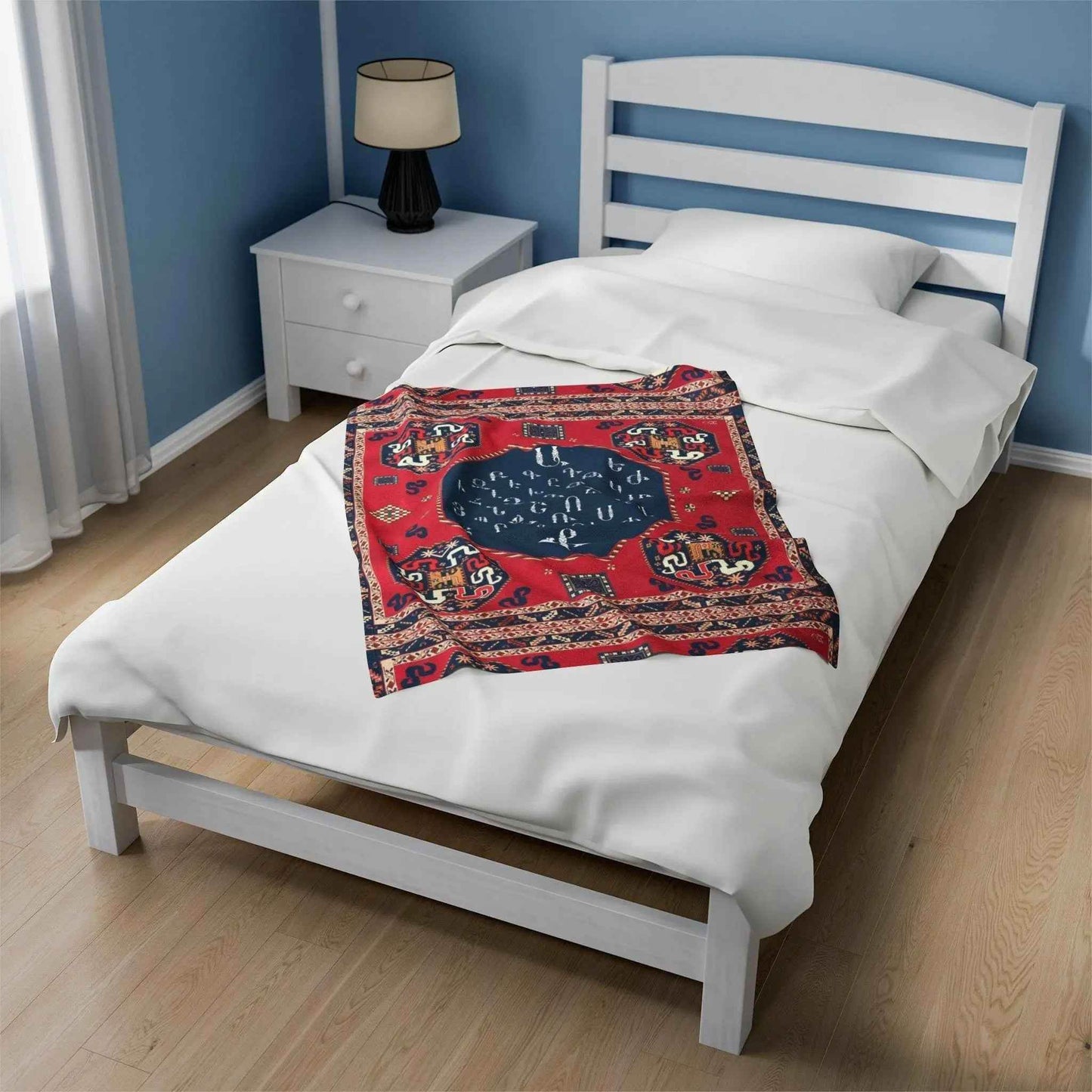 Velveteen Plush Blanket - Armenian Alphabet Design Boho Throw Blanket for Cozy Warmth - timelessbohochic.com