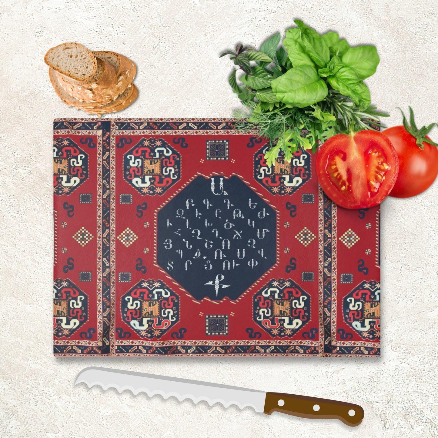 Armenian Glass Cutting Board – Textured Surface With Non-Slip Rubber Feet For Kitchen And Gift