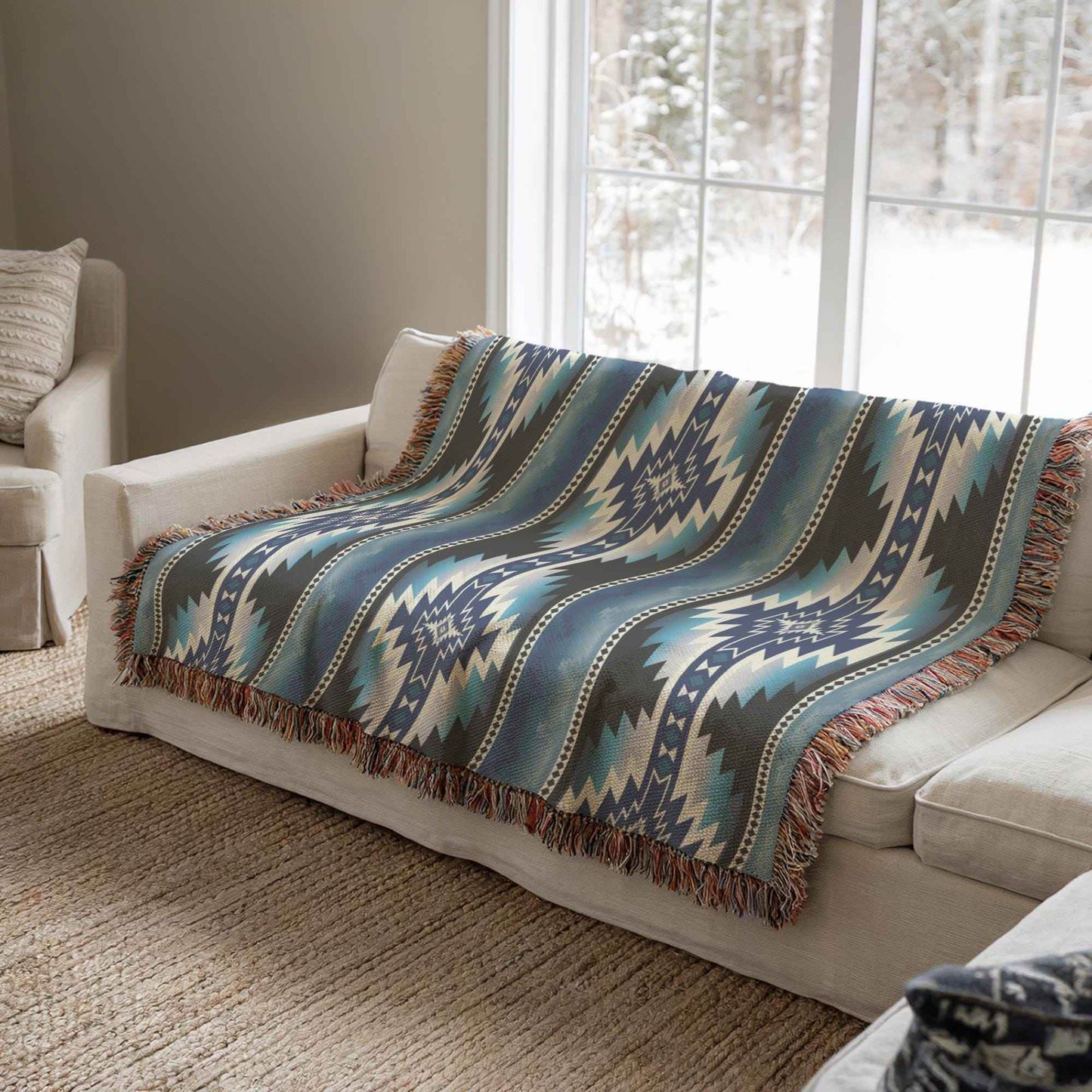 Native American Tribal Blanket - Cozy Cotton Woven Throw with Fringed Edges - timelessbohochic.com