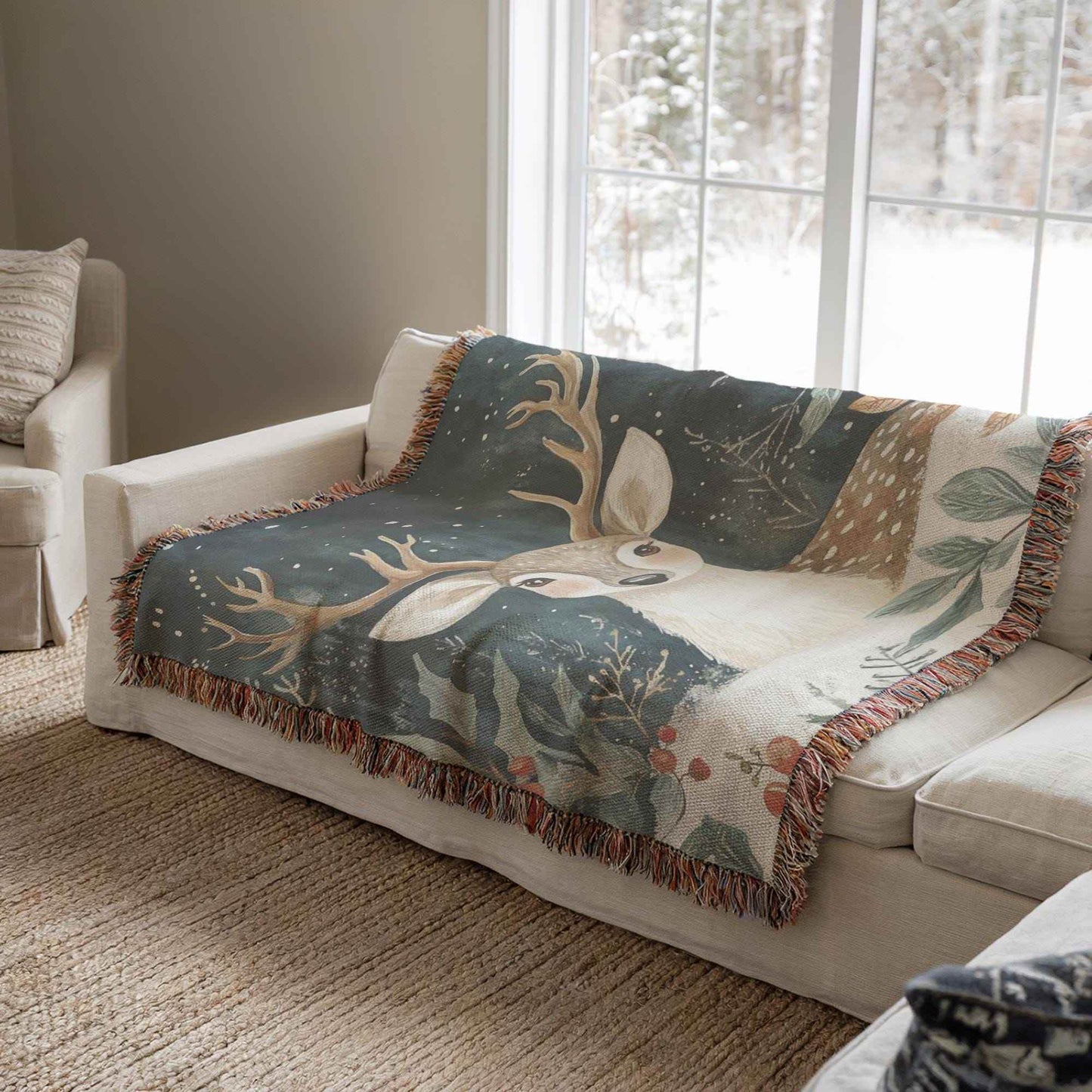 Woodland Animal Throw | Cozy Winter Blanket With Bambi & Holly Design - Rustic Cotton - timelessbohochic.com
