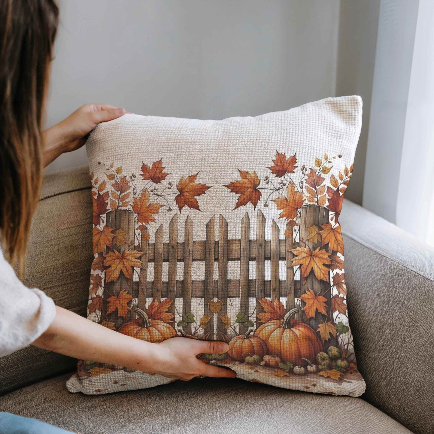 Rustic Autumn Pillow - Woven Cotton Pillow | Pumpkin Leaf Design Cushion - timelessbohochic.com