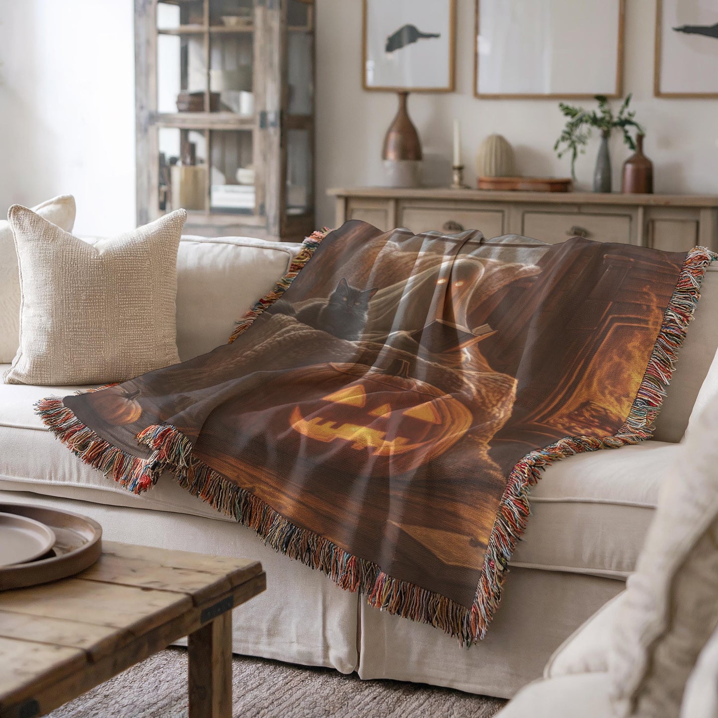 Halloween Living-Room Blanket – Cozy Fall Cotton Woven Throw with Black Cat Tapestry