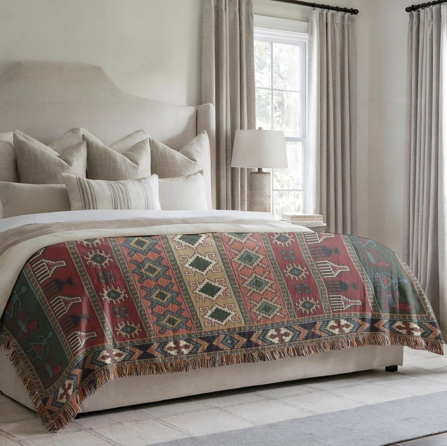 Woven Blanket - Kilim Inspired Blanket With Colorful Fringed Edges | Boho Throw