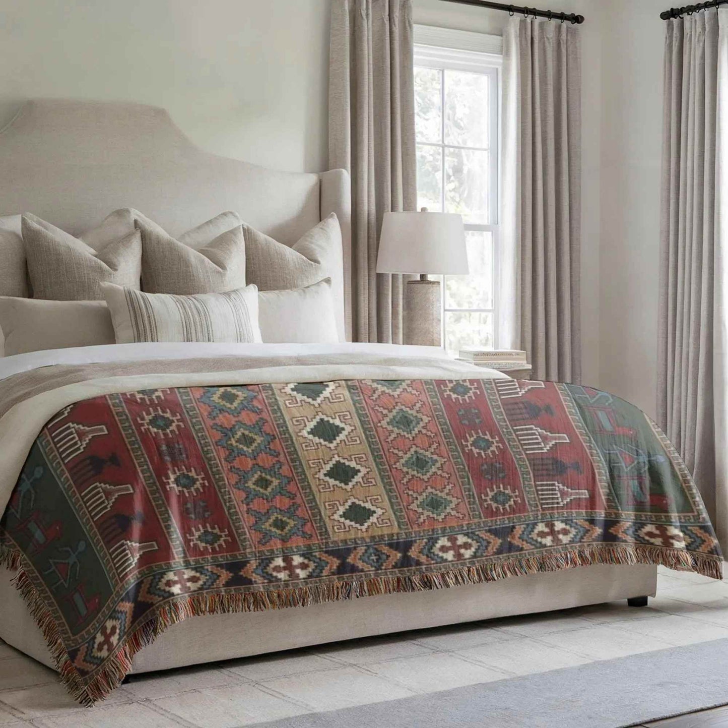 Woven Kilim Blanket - Colorful Fringed Edges Boho Throw - timelessbohochic.com