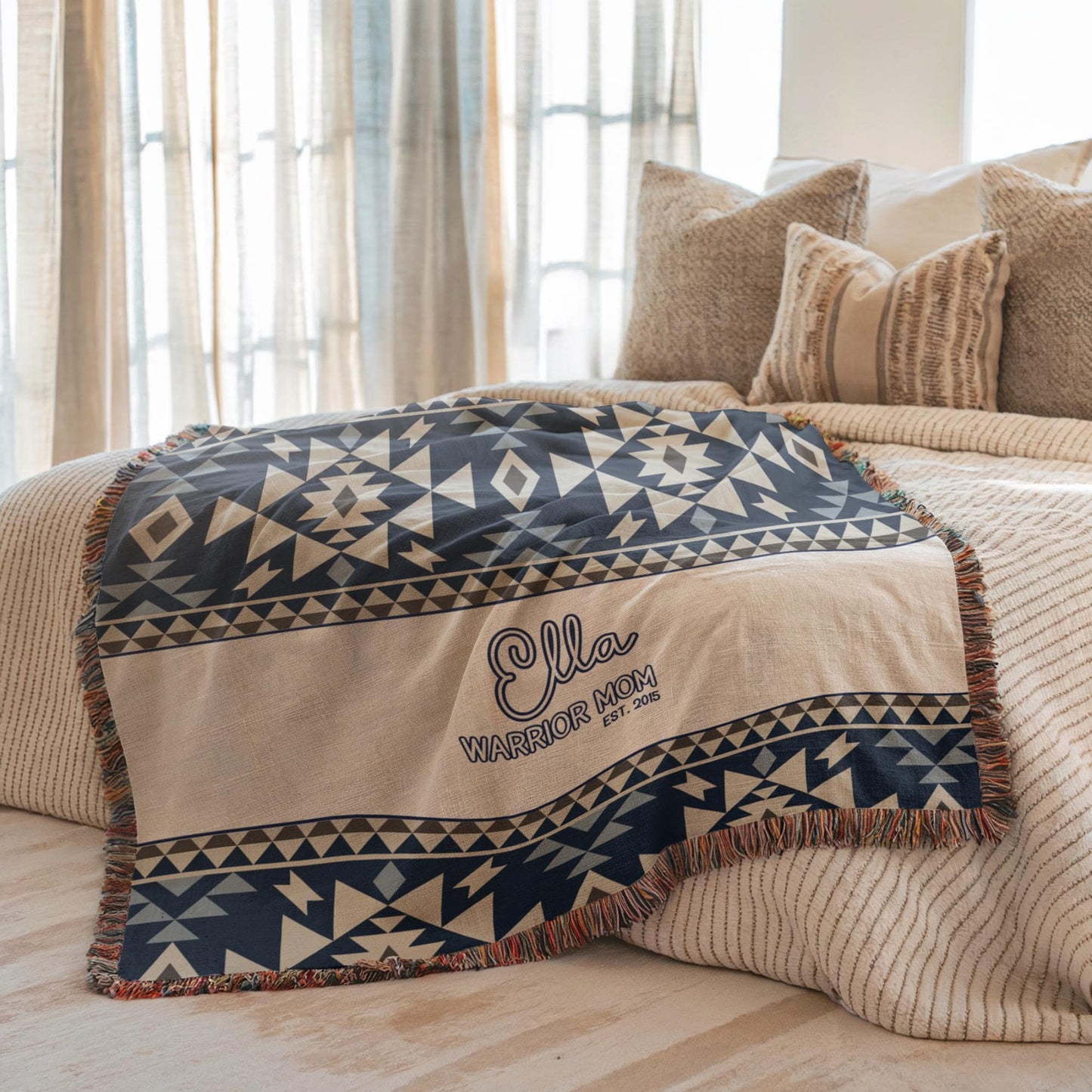 Native American Blanket – Tribal Pattern Cotton Throw With Colorful Fringed Edges