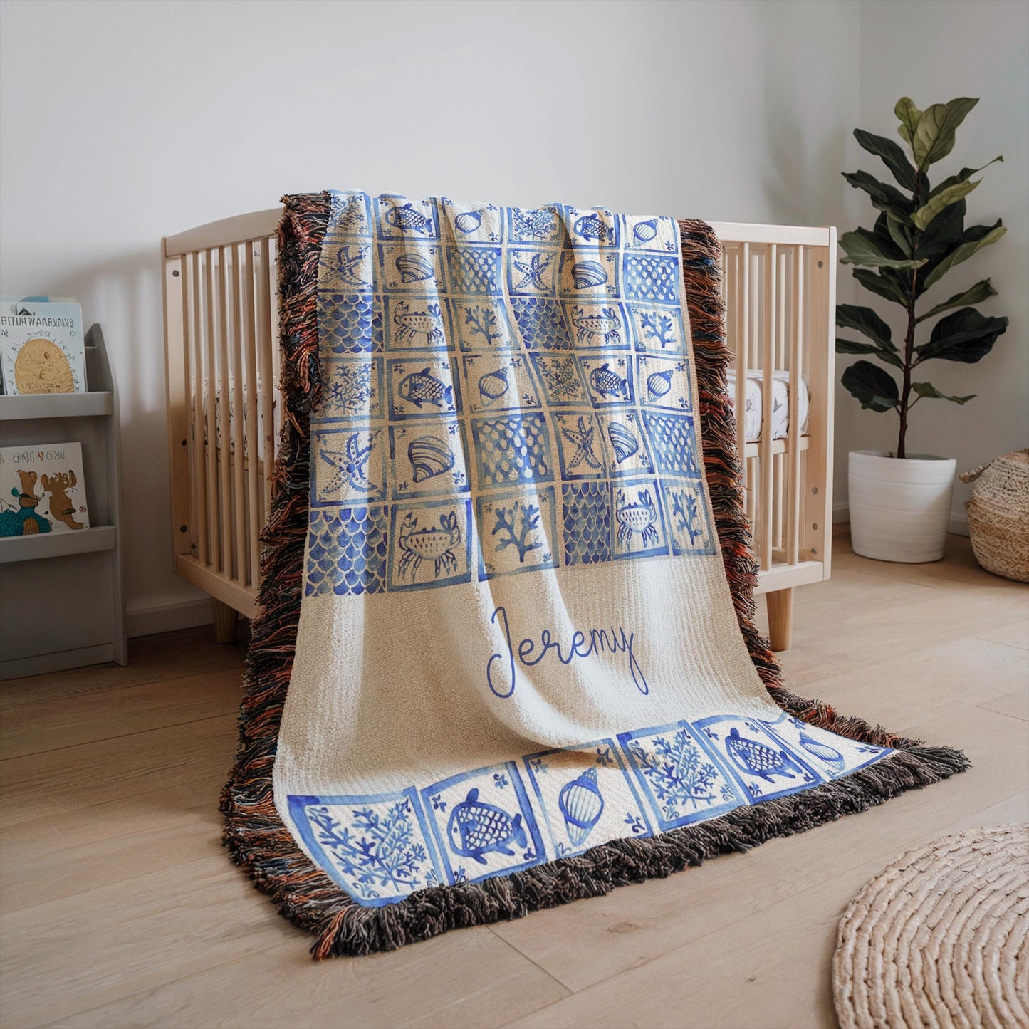 Personalized Baby Blanket - Custom Woven Ocean Nursery Decor | Sea Creatures Design, Cotton Quilt