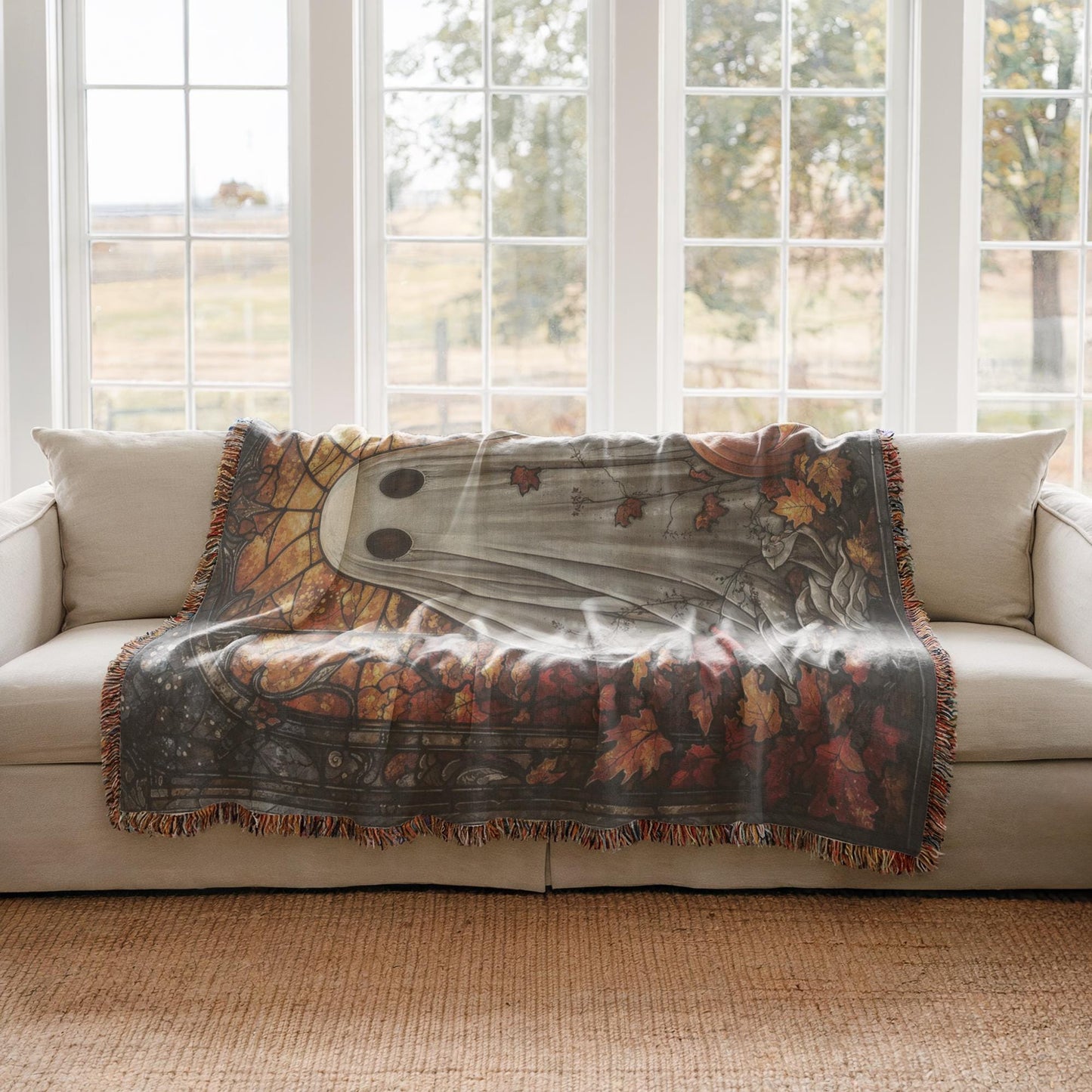 Halloween Living-Room Blanket – Ghost Pumpkin Throw With Stained Glass Design