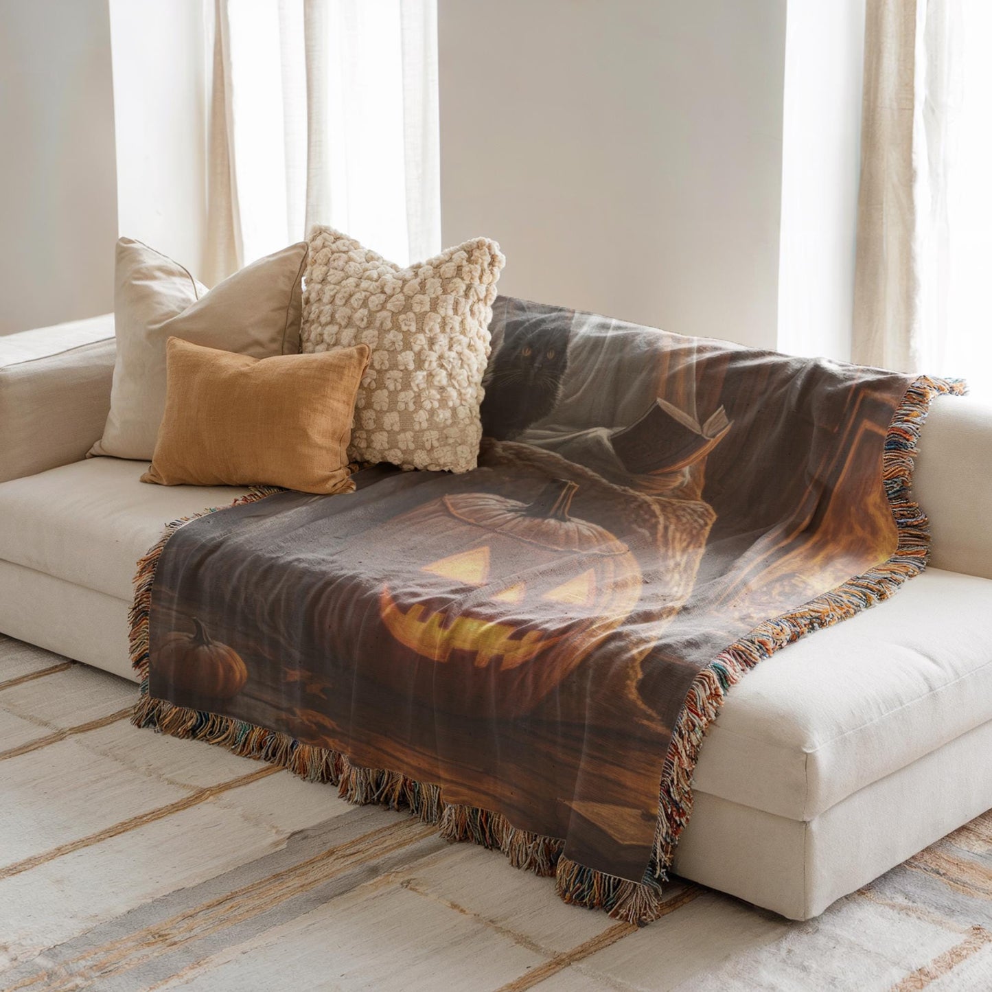 Halloween Living-Room Blanket – Cozy Fall Cotton Woven Throw with Black Cat Tapestry