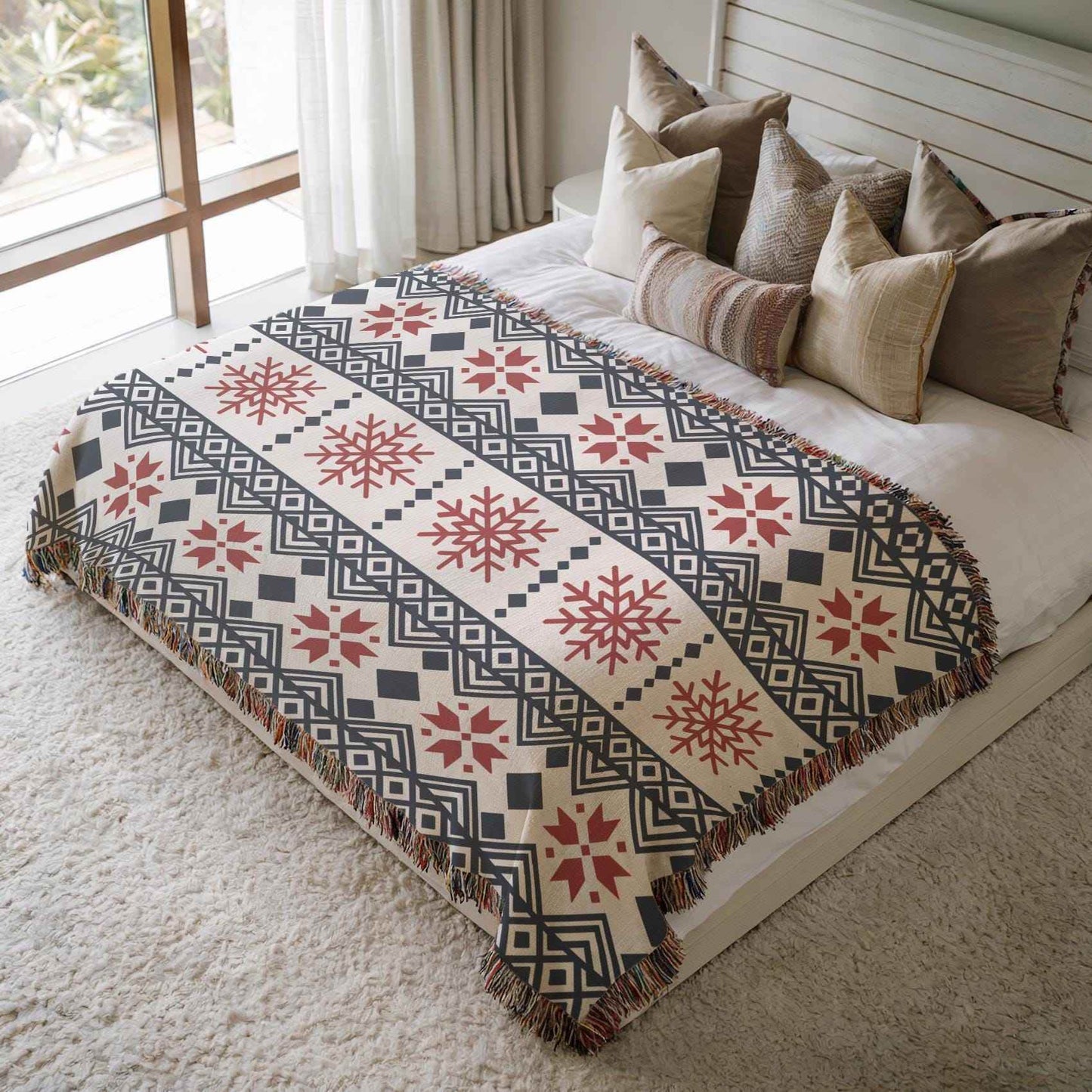 Nordic Snowflake Blanket – Red Black Cotton Throw With Fringe | Cozy Winter Decor - timelessbohochic.com