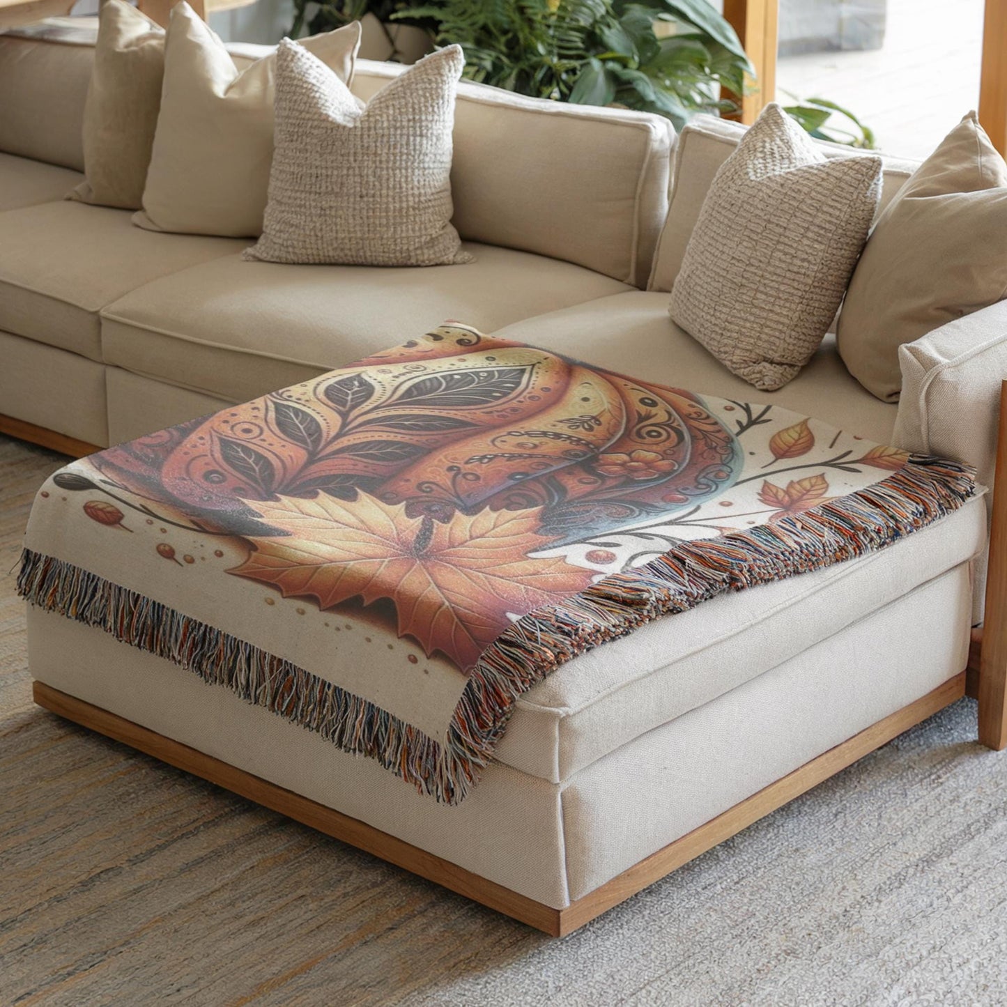 Thanksgiving Woven Blanket – Cozy Throw Blanket with Tattooed Pumpkin Design, Fringed Edge