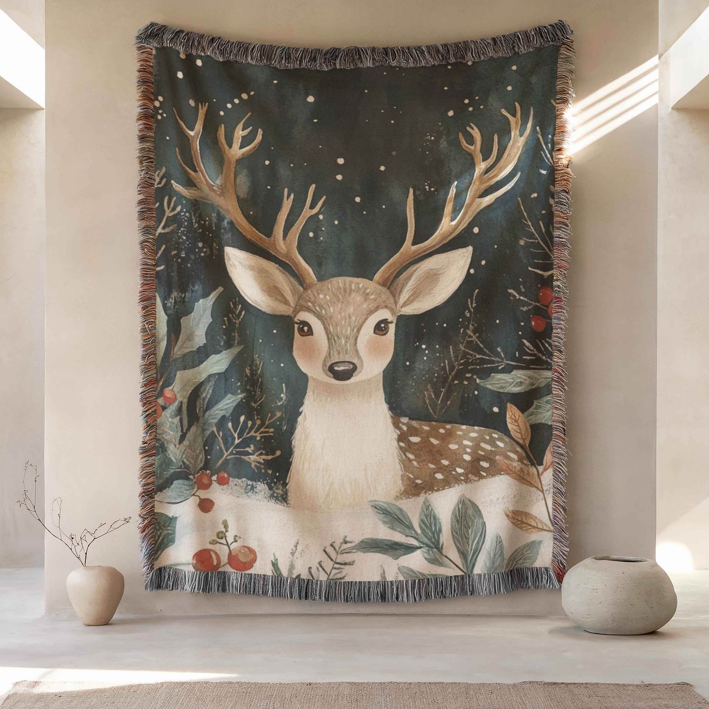 Christmas Tapestry Wall Hanging – Festive Woodland Animal Textile Art with Bambi and Holly - timelessbohochic.com