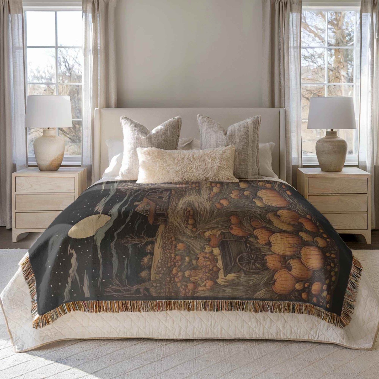 Pumpkin Patch Bedding - Harvest Season Blanket With Cotton Woven Throw & Colorful Fringed Edges - timelessbohochic.com