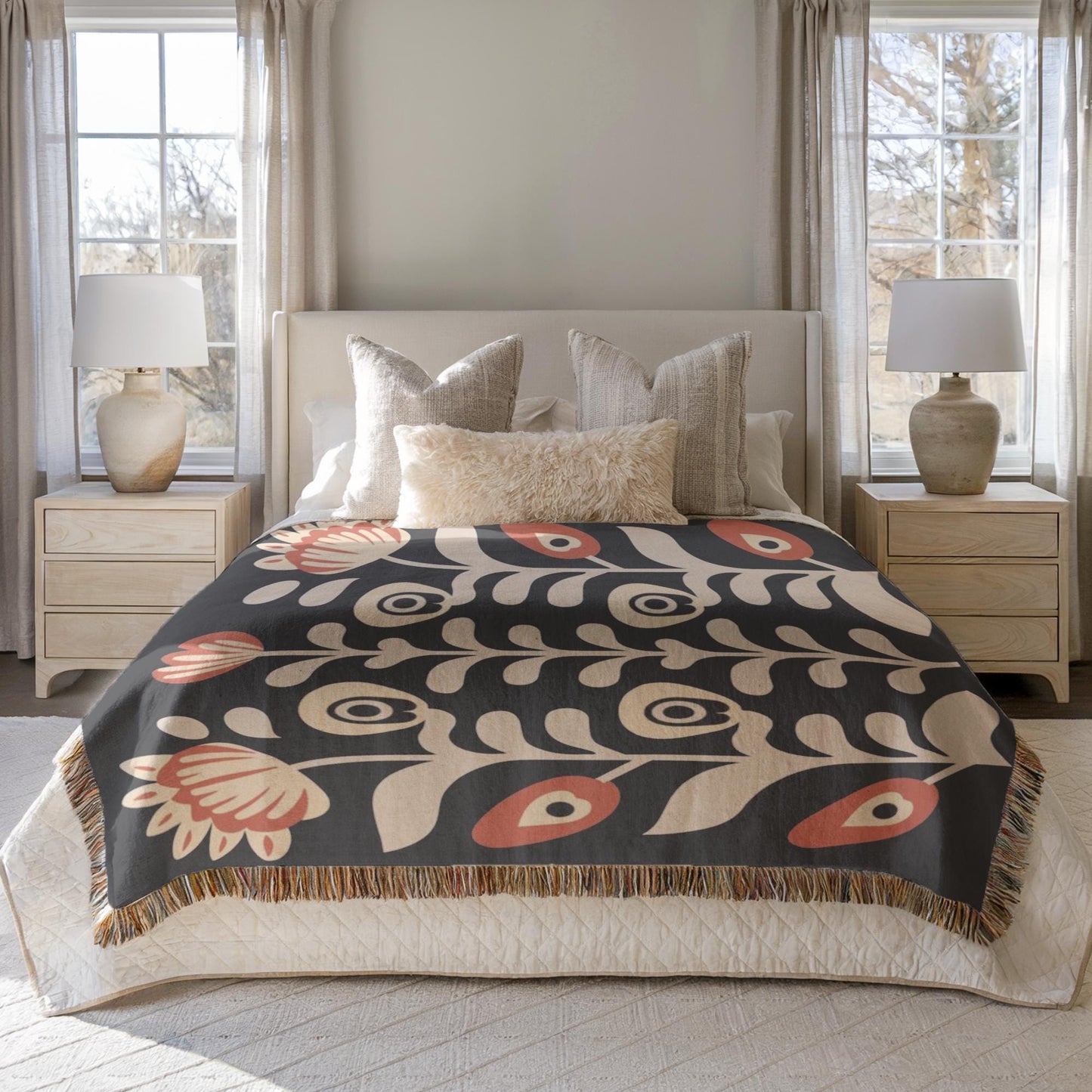 Boho Chic Blanket - Artistic Floral Cotton Woven Throw, Cozy Bedroom Accent & Housewarming Gift
